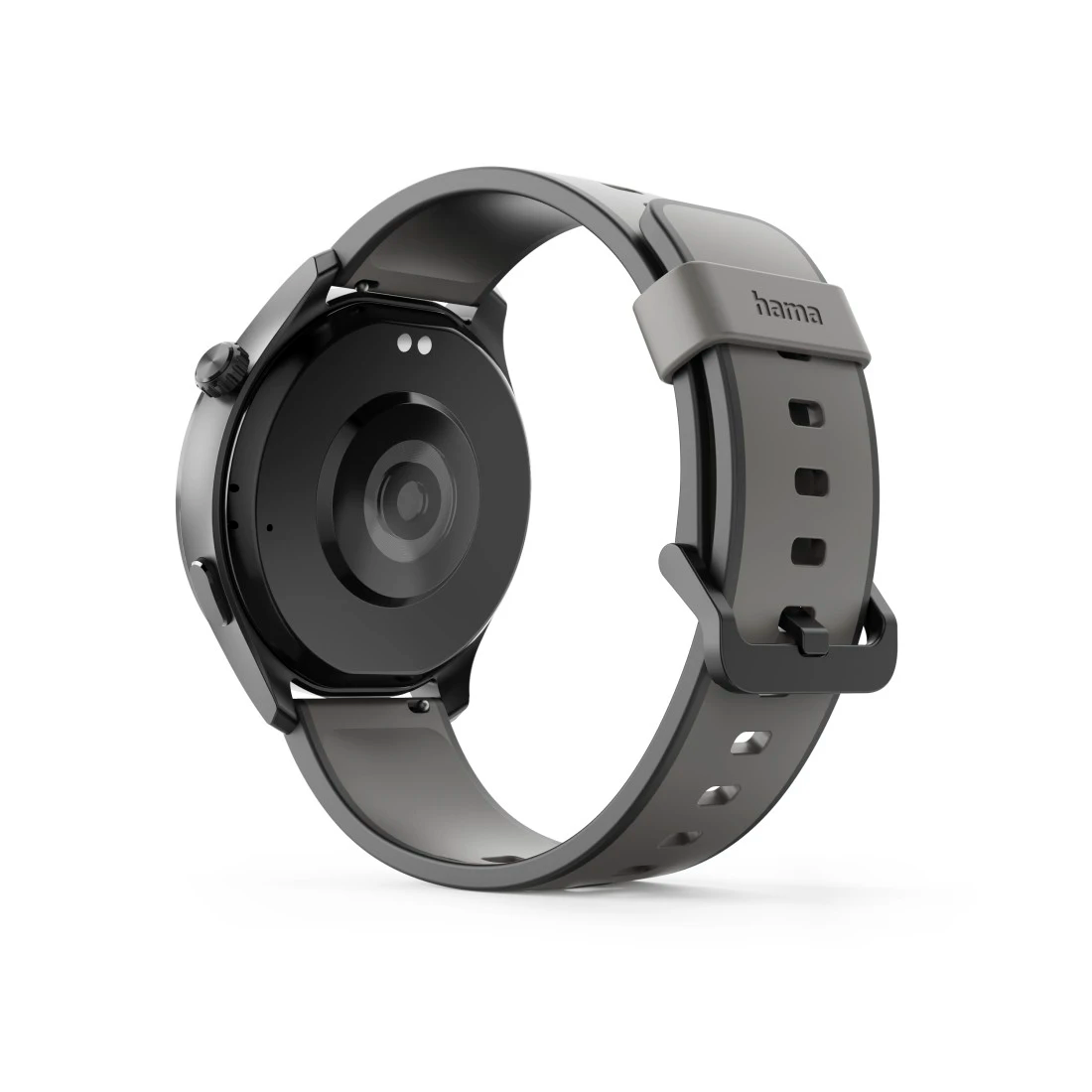 Szary smartwatch z czarną kopertą i paskiem, widziany od tyłu.