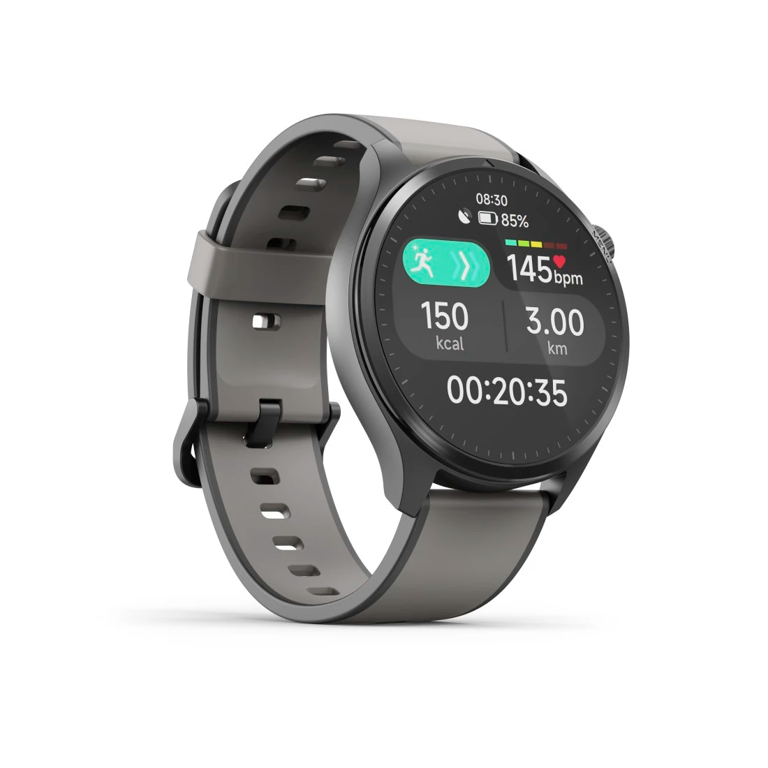 Nowoczesny smartwatch z szarym paskiem wyświetla statystyki treningu: 150 kcal, 3km, 00:20:35.