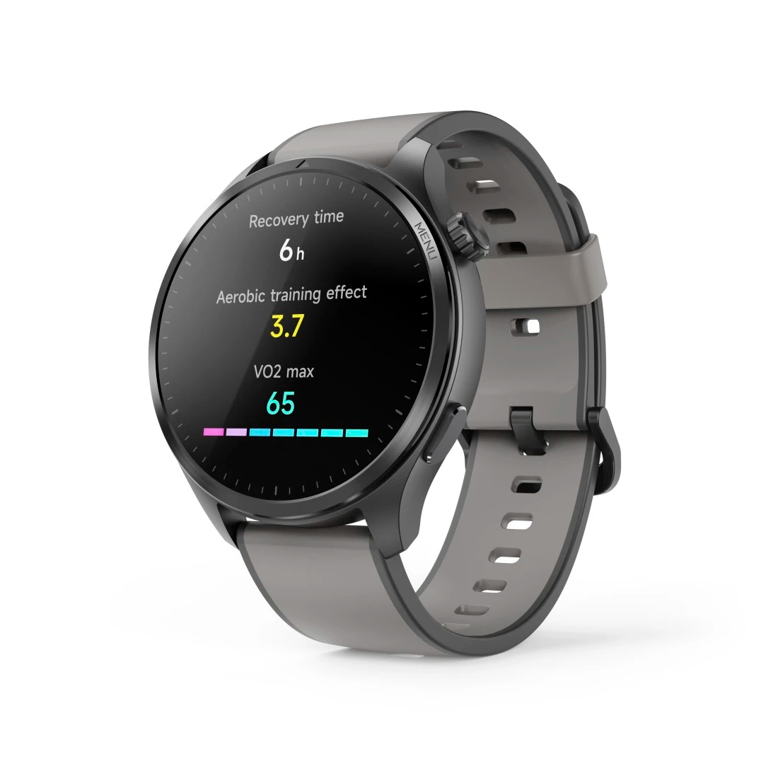 Okrągły smartwatch z szarym paskiem wyświetla czas regeneracji 6h, efekt aerobowy 3.7, VO2 max 65.