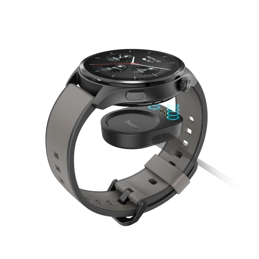 Szary smartwatch z czarną obudową i magnetycznie przymocowanym adapterem ładowania.