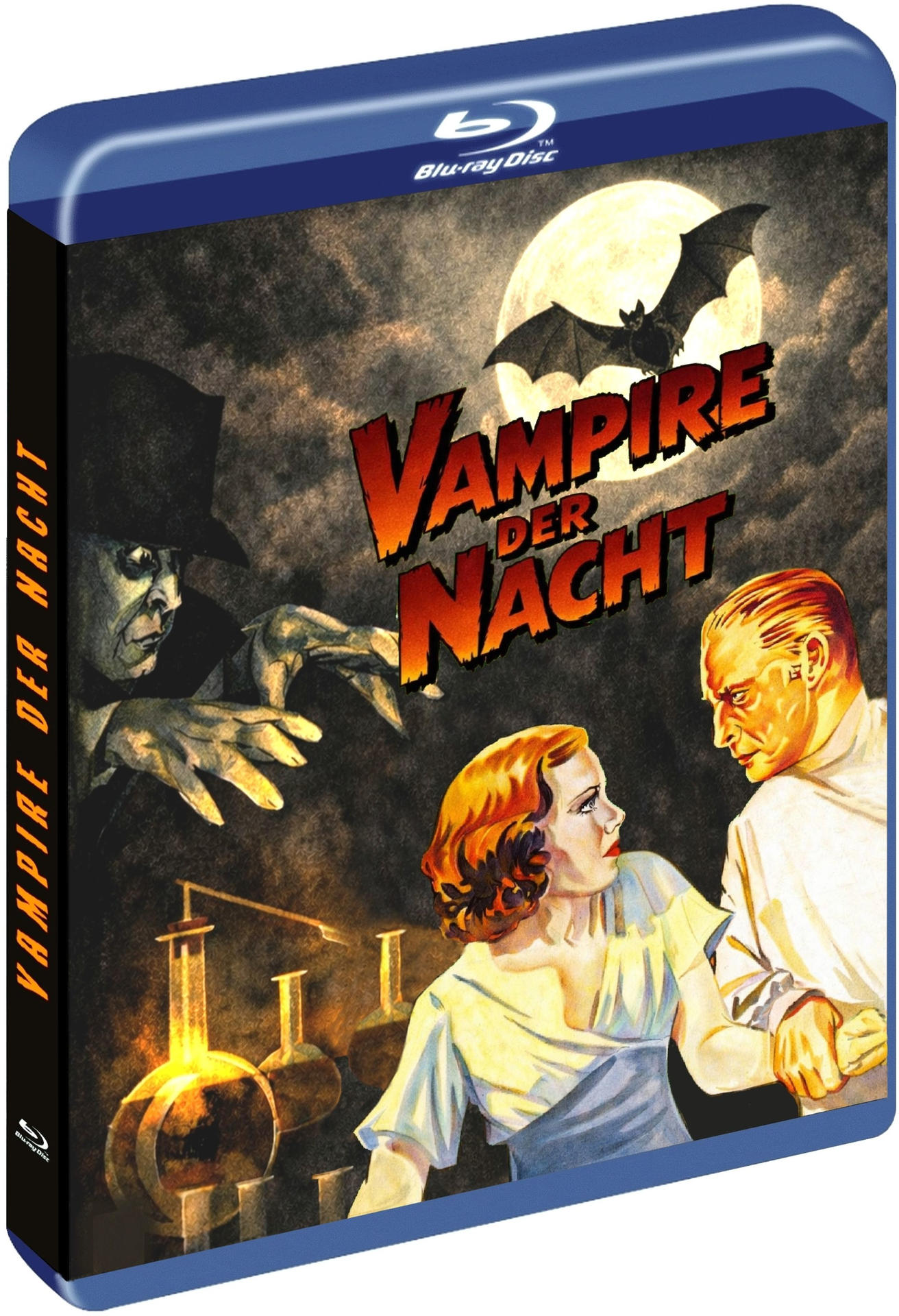 Vampire Der Nacht Blu-ray-Cover: Eine Fledermaus fliegt bei Vollmond, ein Vampir lauert, ein Paar wirkt verzweifelt.