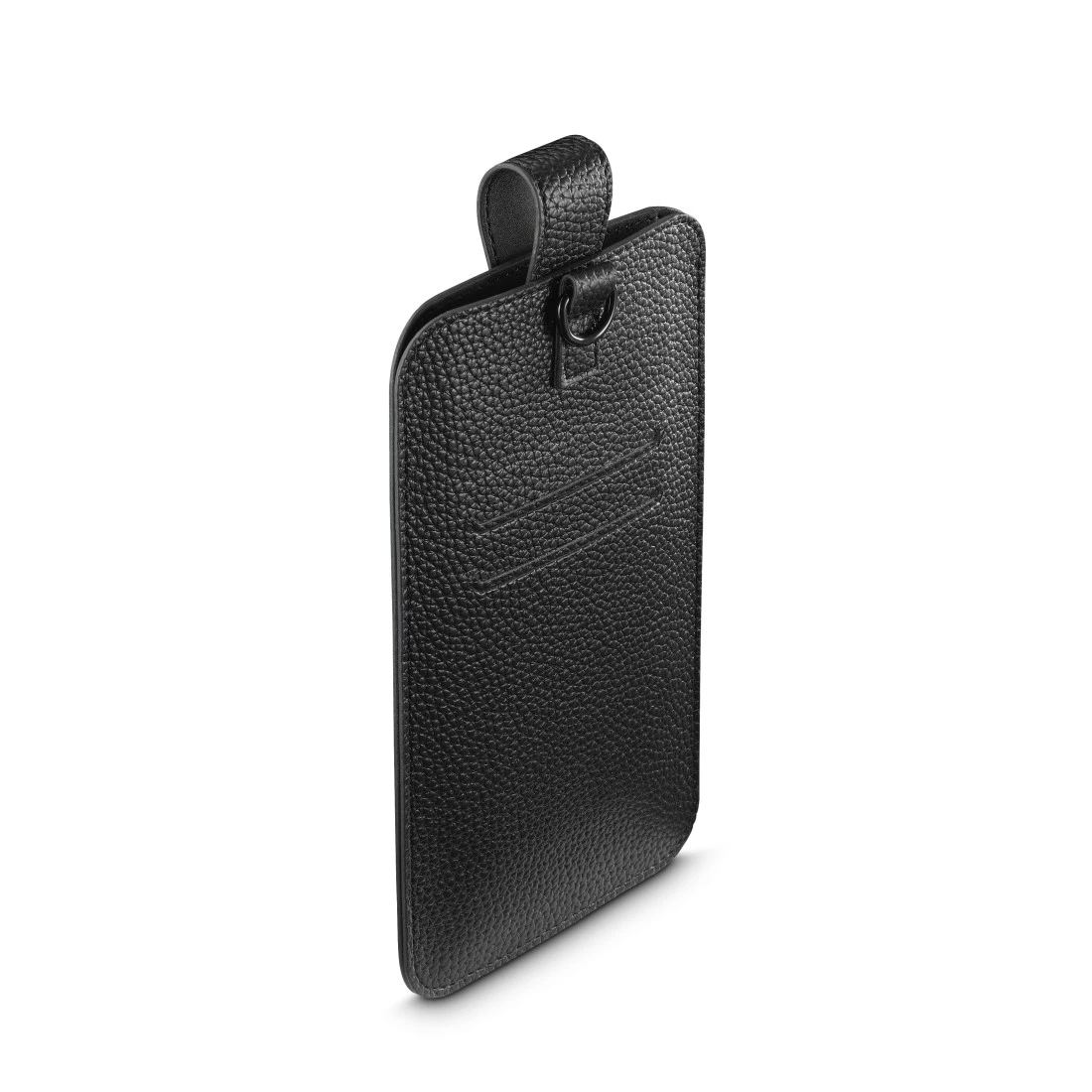Schwarze Lederhülle für ein Smartphone mit Schlaufe und Ring. Geprägte Linien vorne.