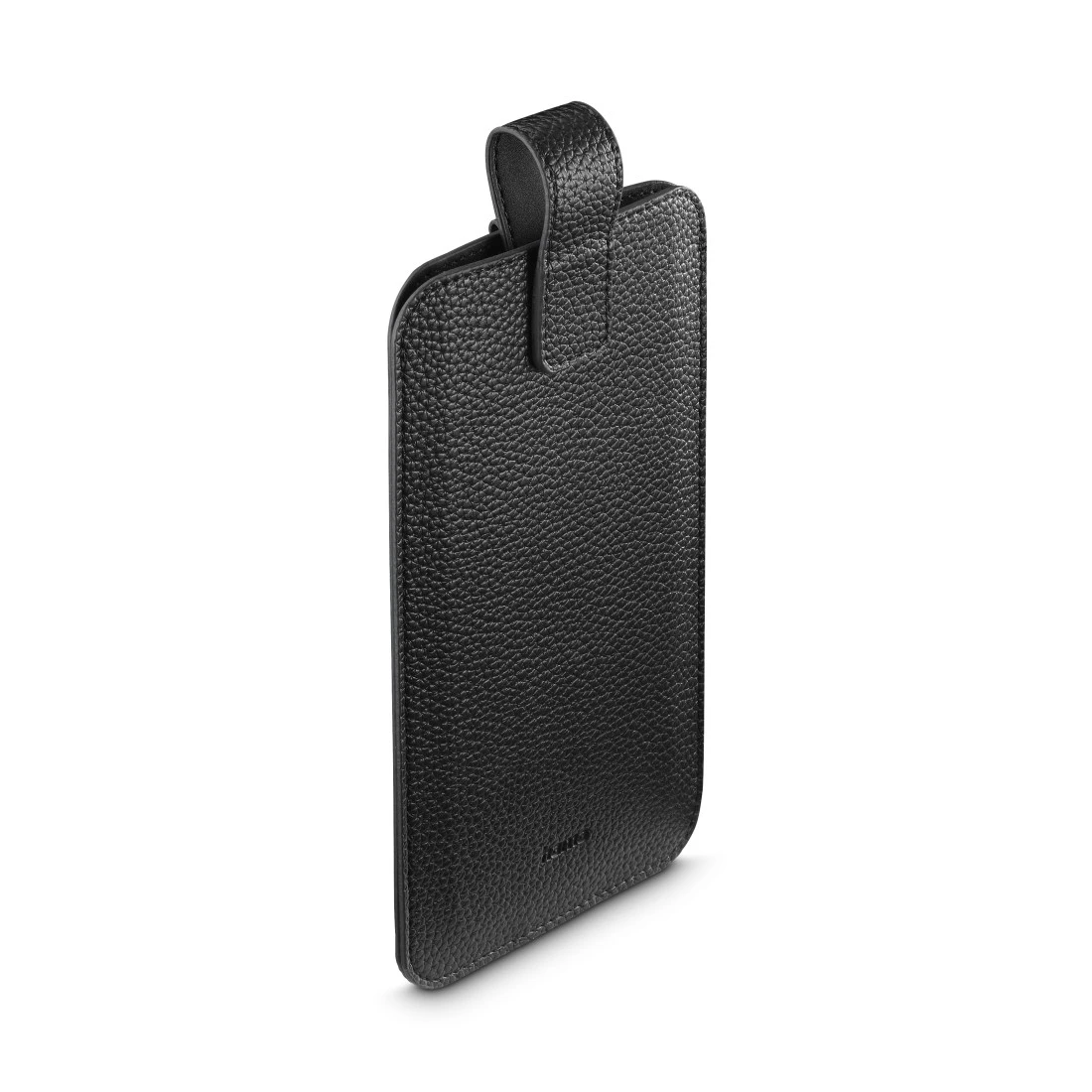 Schwarze Lederhülle für ein Smartphone mit einer Schlaufe.
