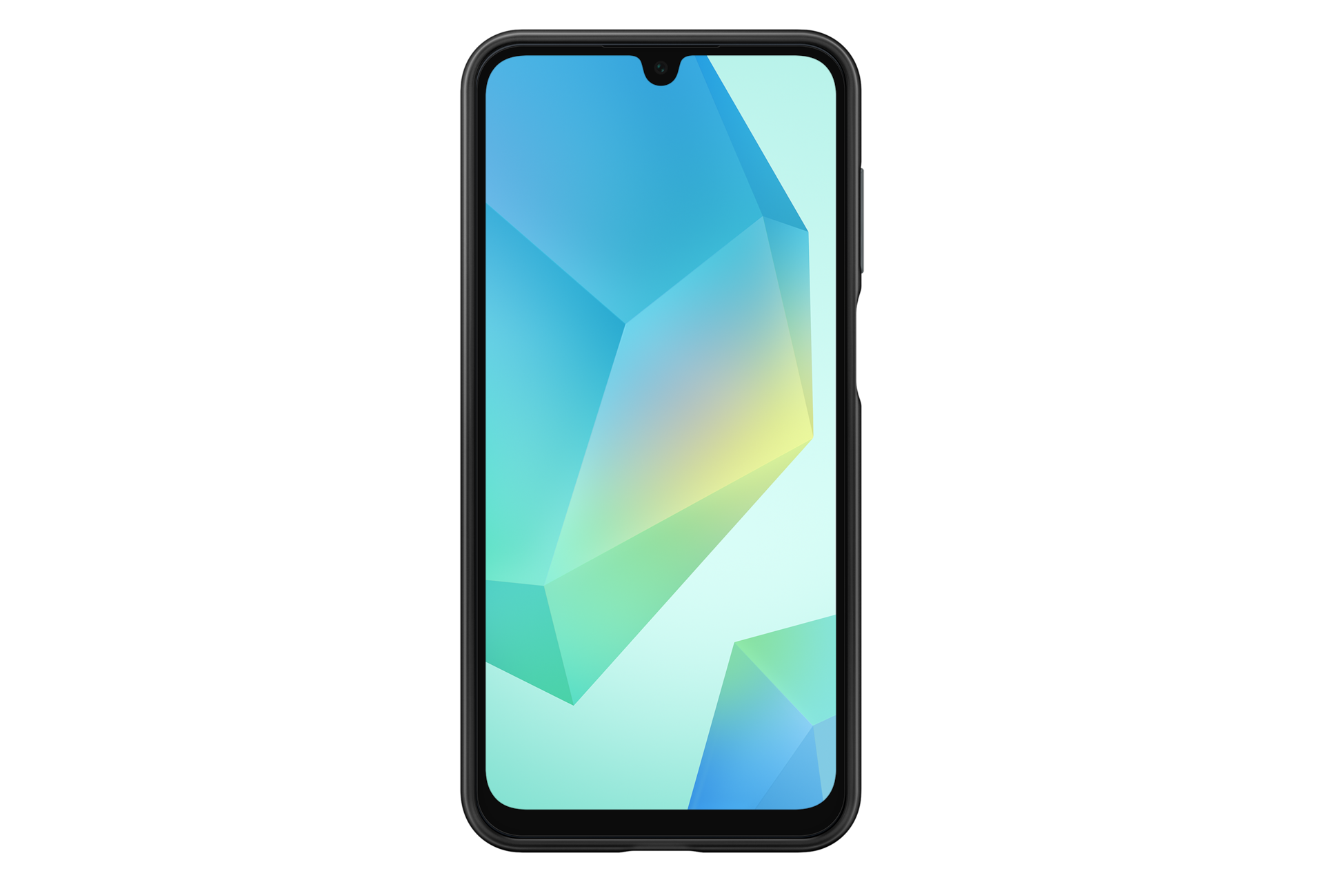 Czarny smartfon wyświetla kolorową abstrakcyjną tapetę z geometrycznymi kształtami.