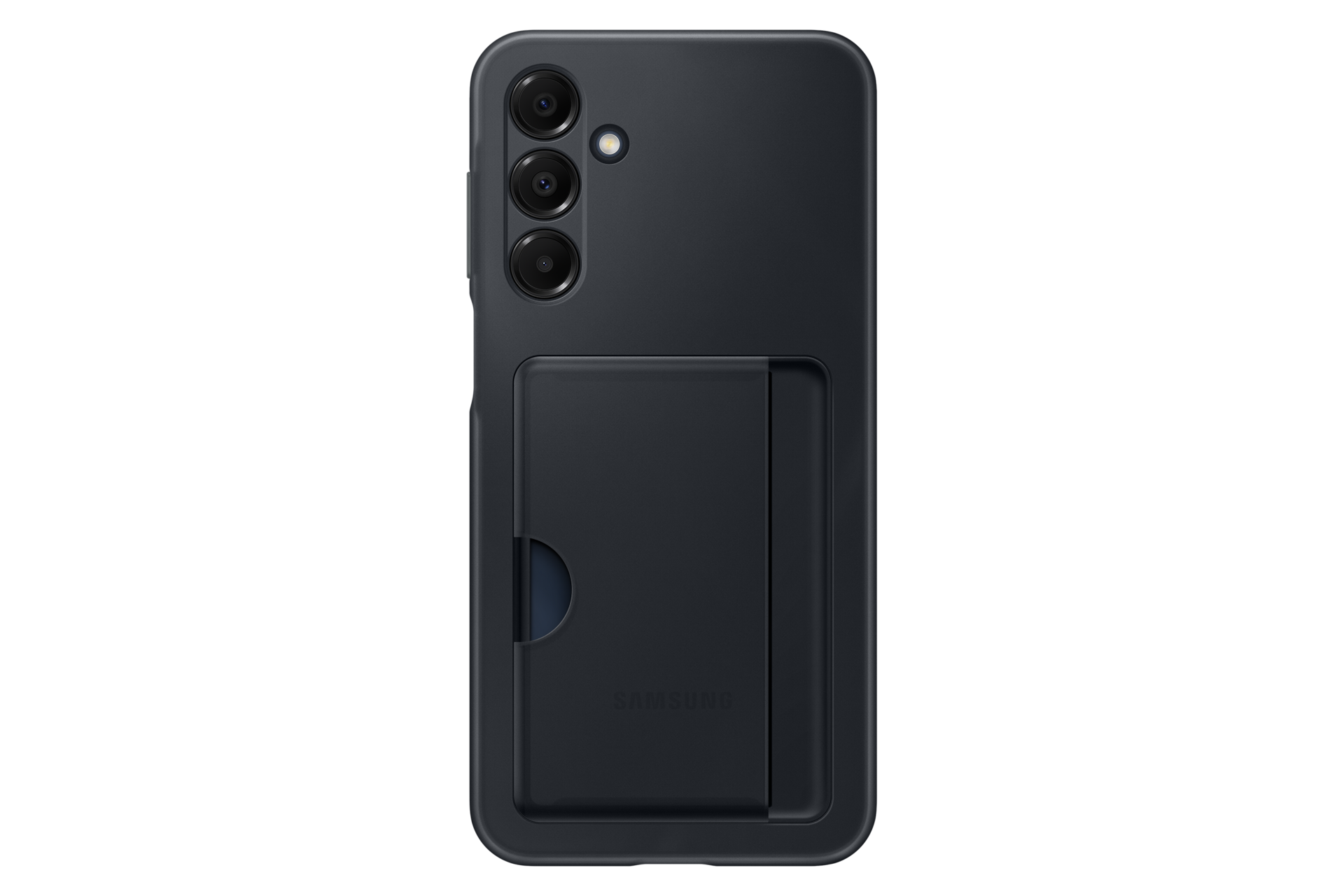 Ciemnoszary smartfon z trzema aparatami i miejscem na kartę z tyłu.