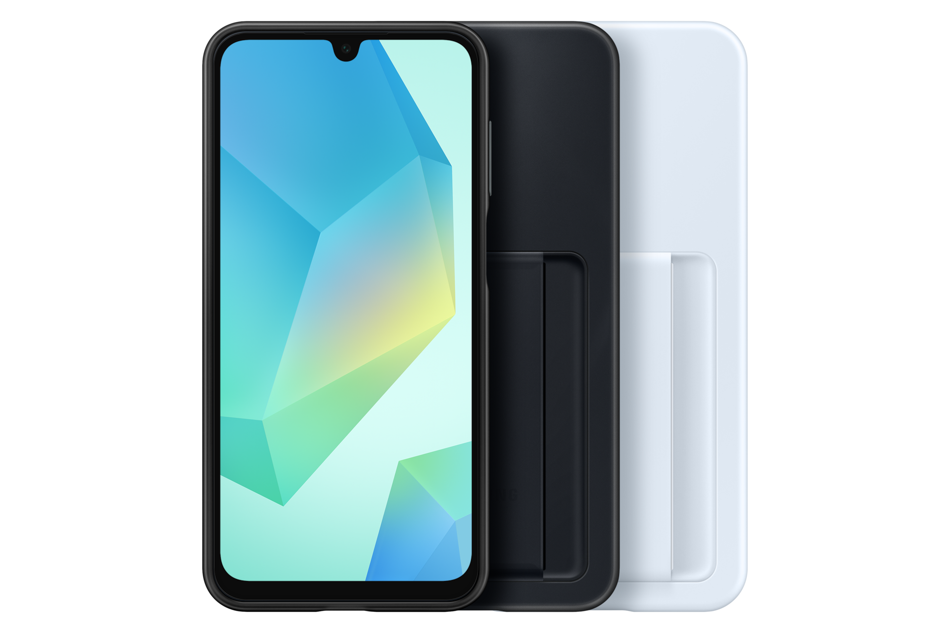 Czarny smartfon z kolorową abstrakcyjną tapetą pokazany jest obok czarno-białego etui.