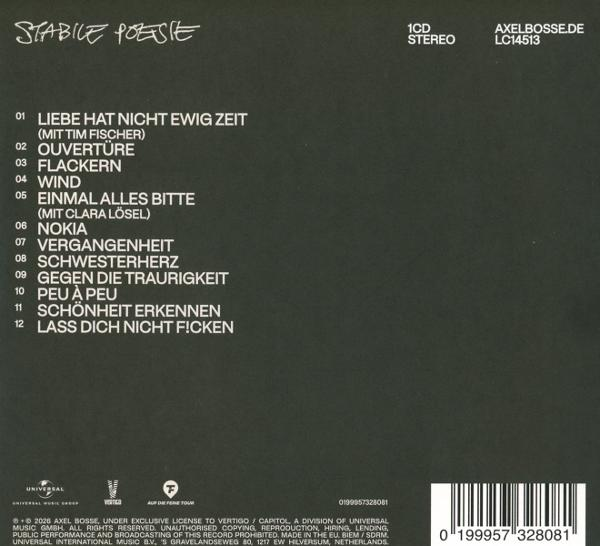 CD-Rückseite mit Albumtitel "STABILE POESIE", Trackliste und Details.