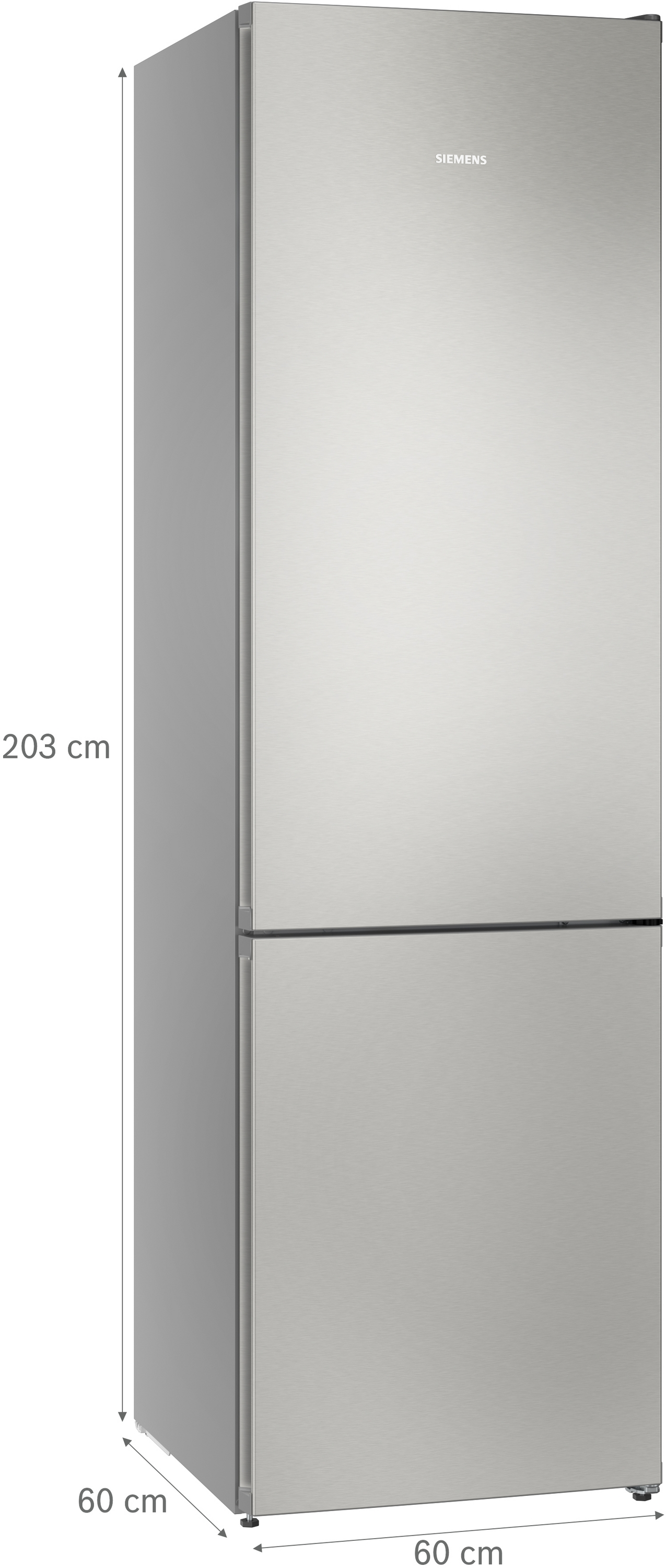 Ein silberner Siemens Kühlschrank mit zwei Türen, 203 cm hoch und 60 cm breit.