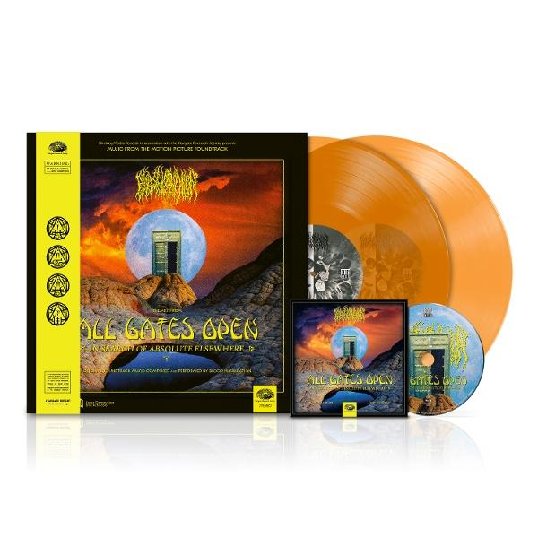 Ein Albumcover zeigt eine Tür in einem Mond über einer Felslandschaft. Es gibt auch orangefarbene Schallplatten.