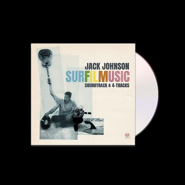 Jack Johnson Surf Musik CD-Cover mit Mann, Gitarre und Vinyl.