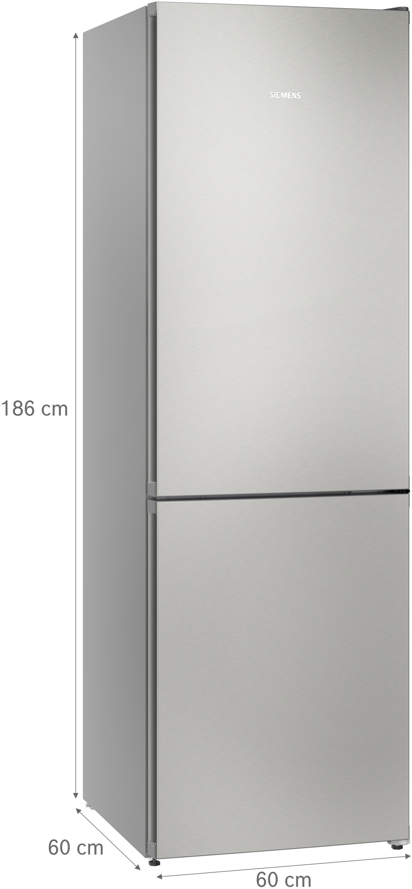 Ein silberner Siemens Kühlschrank, 186 cm hoch, 60 cm breit.