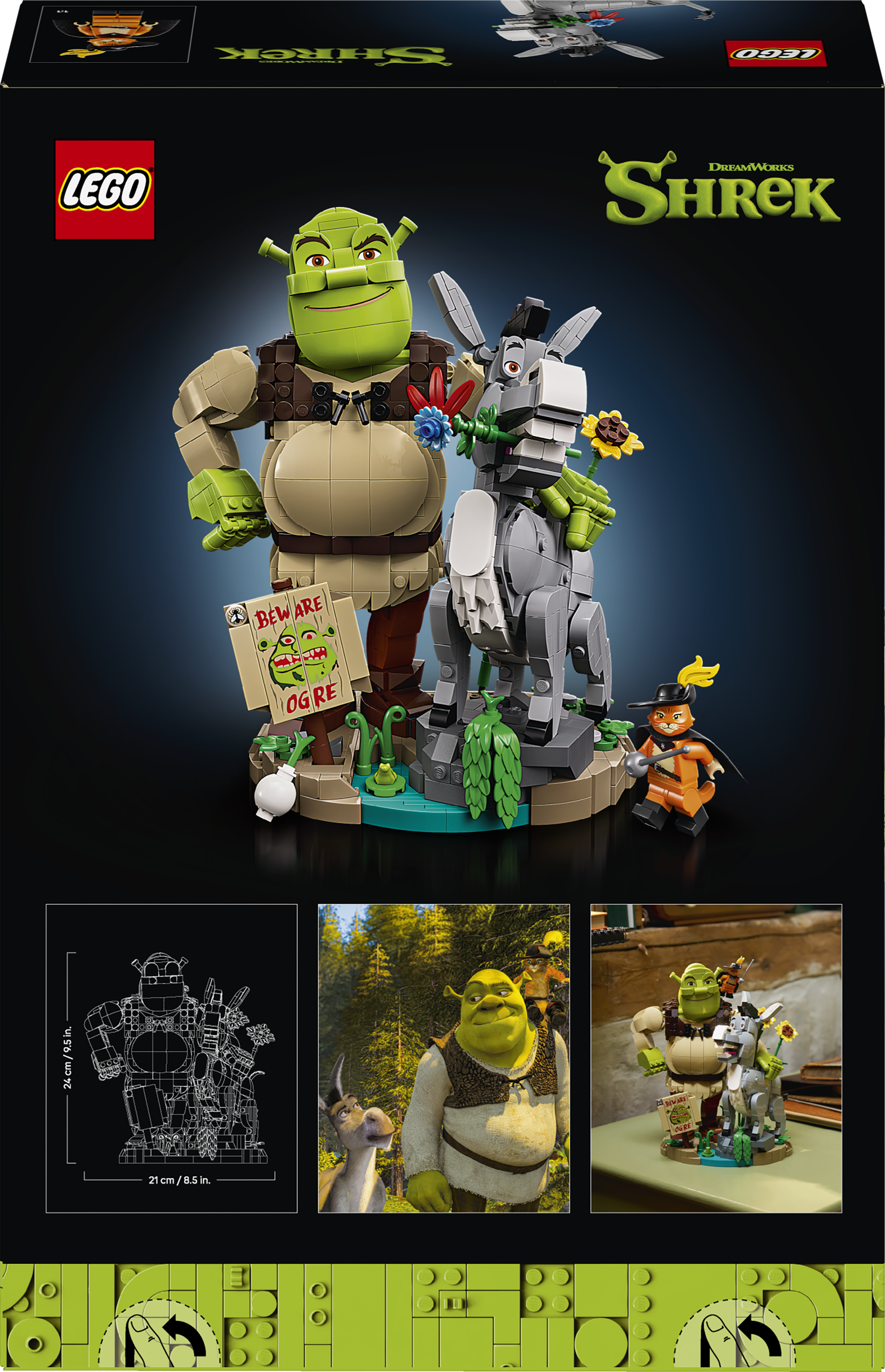 LEGO Shrek figuren: Shrek, Ezel, Gelaarsde Kat. Met "Pas op Oger"-bord.