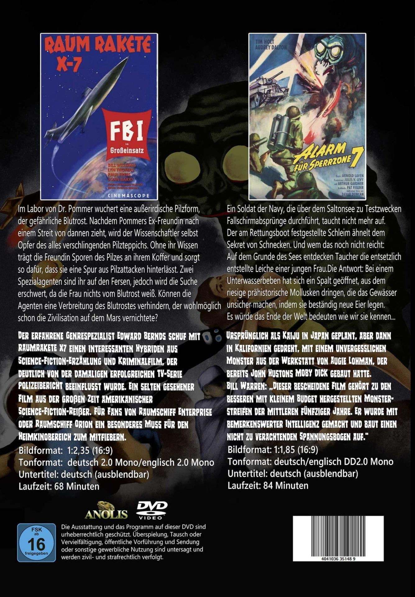 Zwei Filmplakate: links Sci-Fi-Film 'Raumrakete X-7', rechts Monsterfilm 'Alarm für Sperrzone 7'.