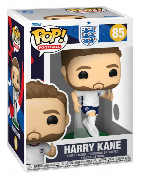 Figurka Funko Pop! Harry'ego Kane'a w białej koszulce i niebieskich spodenkach.