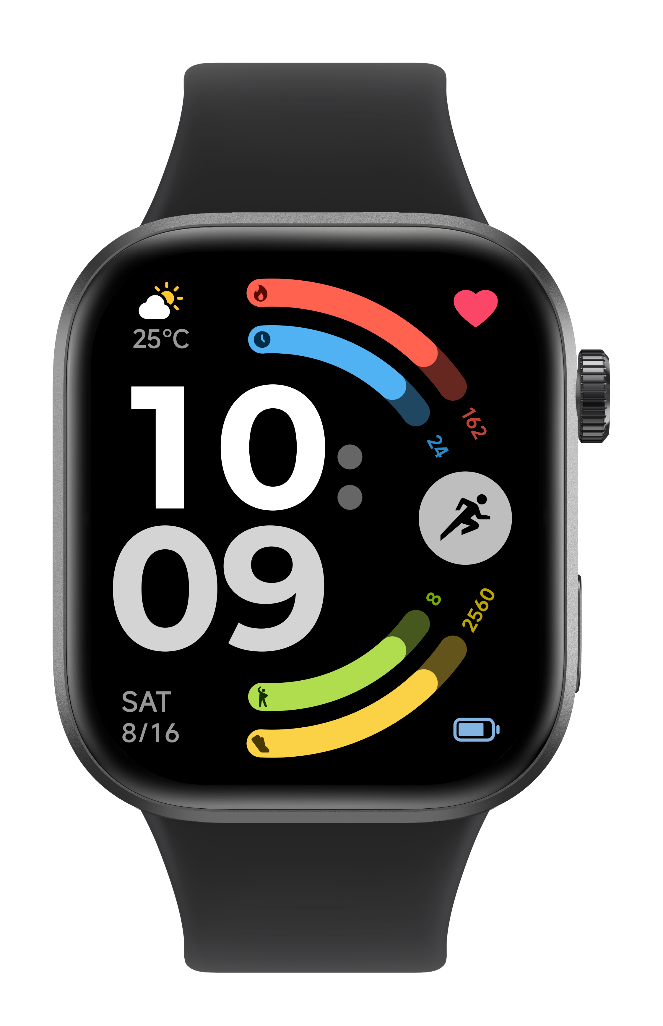 Smartwatch pokazuje 10:09, 25°C, tętno, aktywność i baterię.