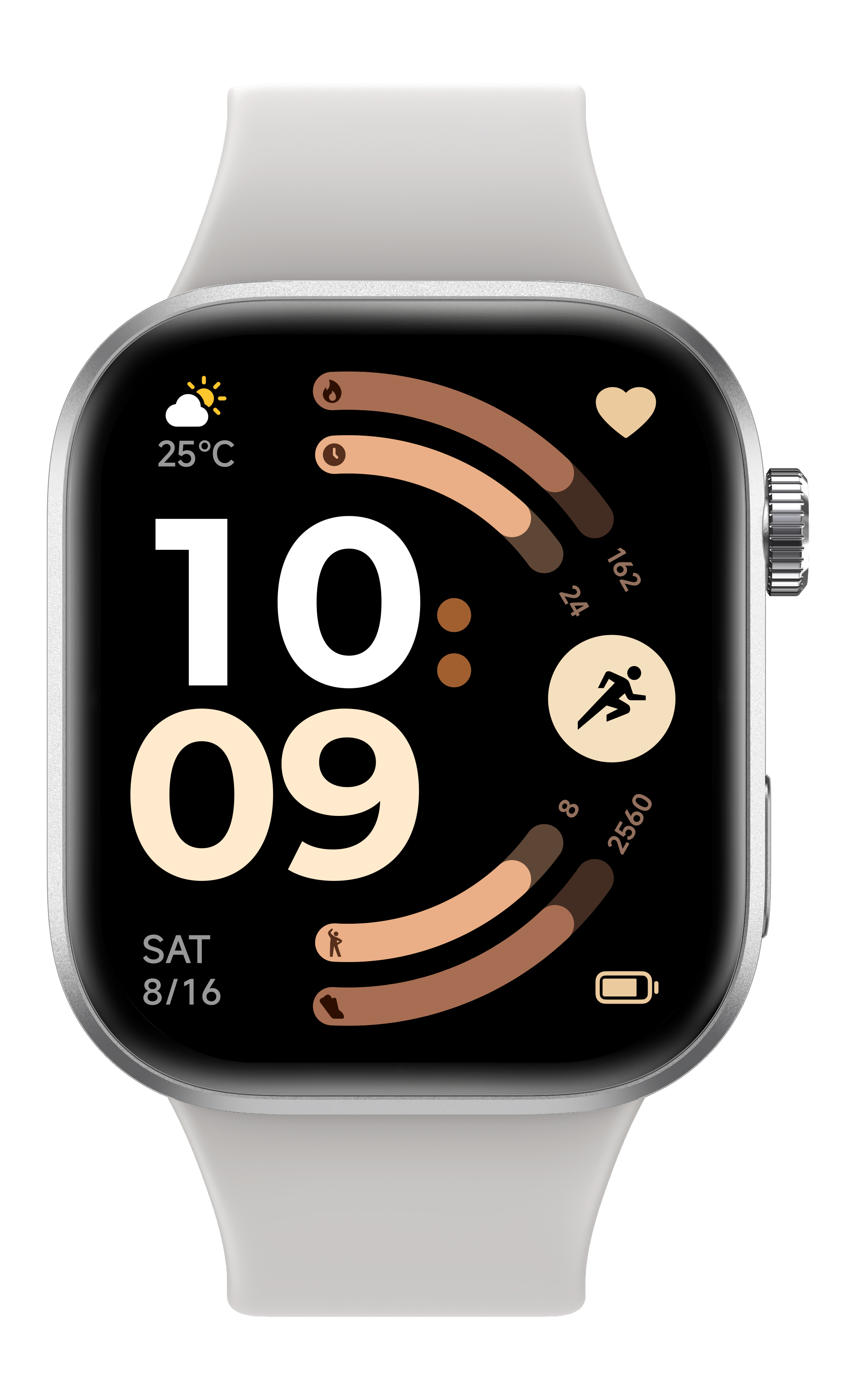 Tarcza smartwatch: 25°C, 10:09, sob 8/16, pierścienie aktywności.