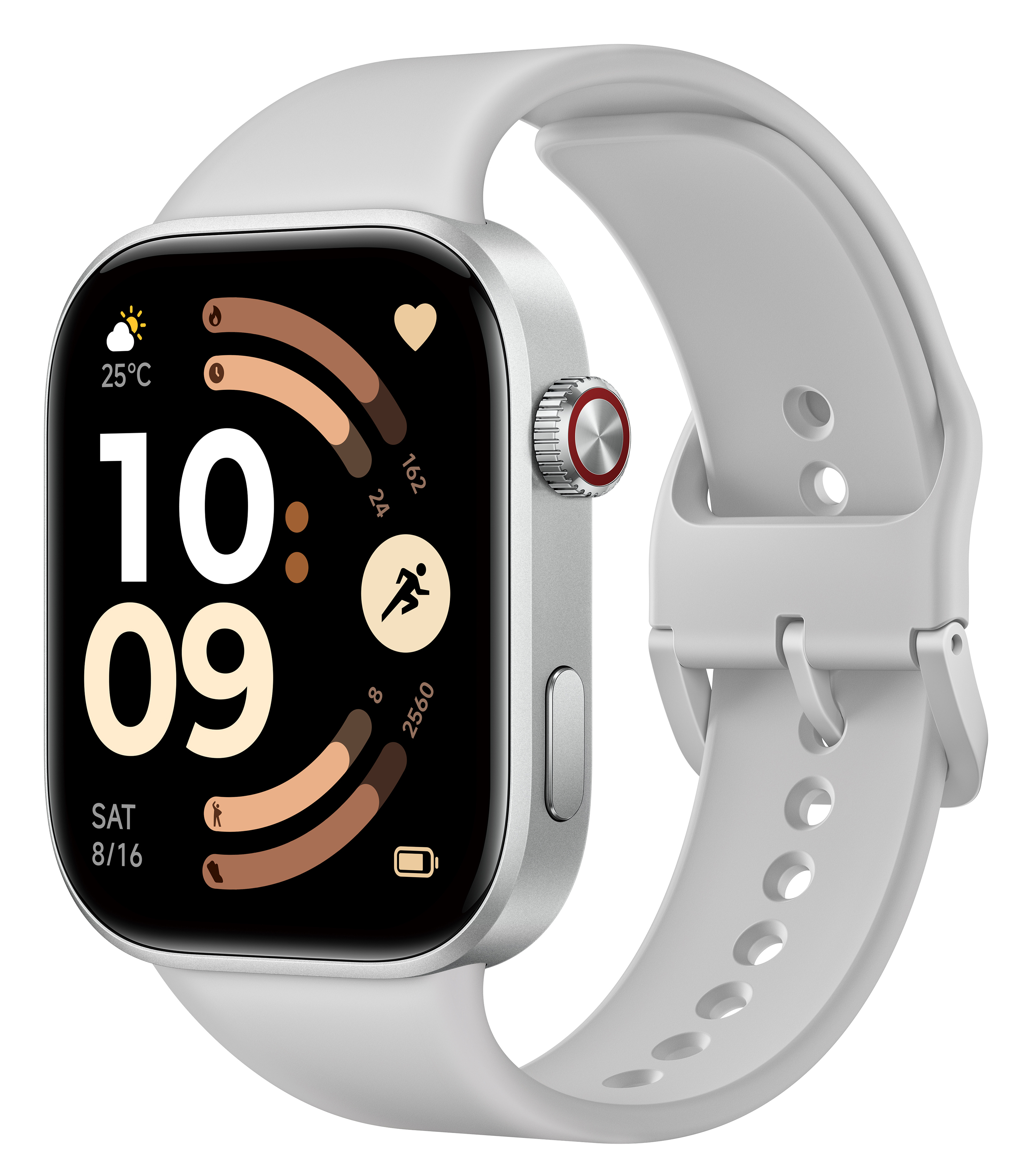 Biały smartwatch z srebrną kopertą i paskiem. Na wyświetlaczu godzina 10:09.