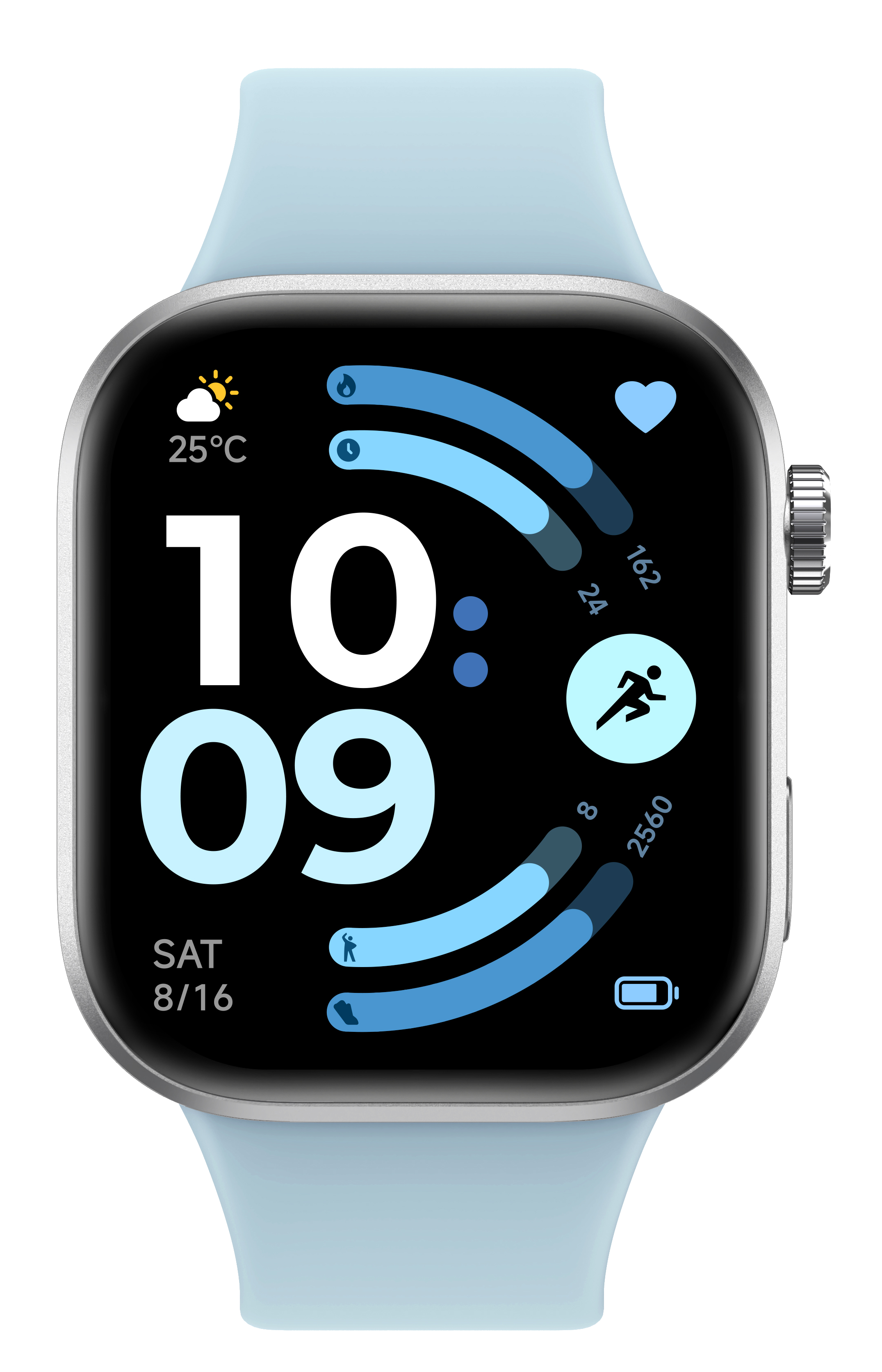Jasnoniebieski smartwatch wyświetla 10:09, 25°C, tętno, kroki i baterię.