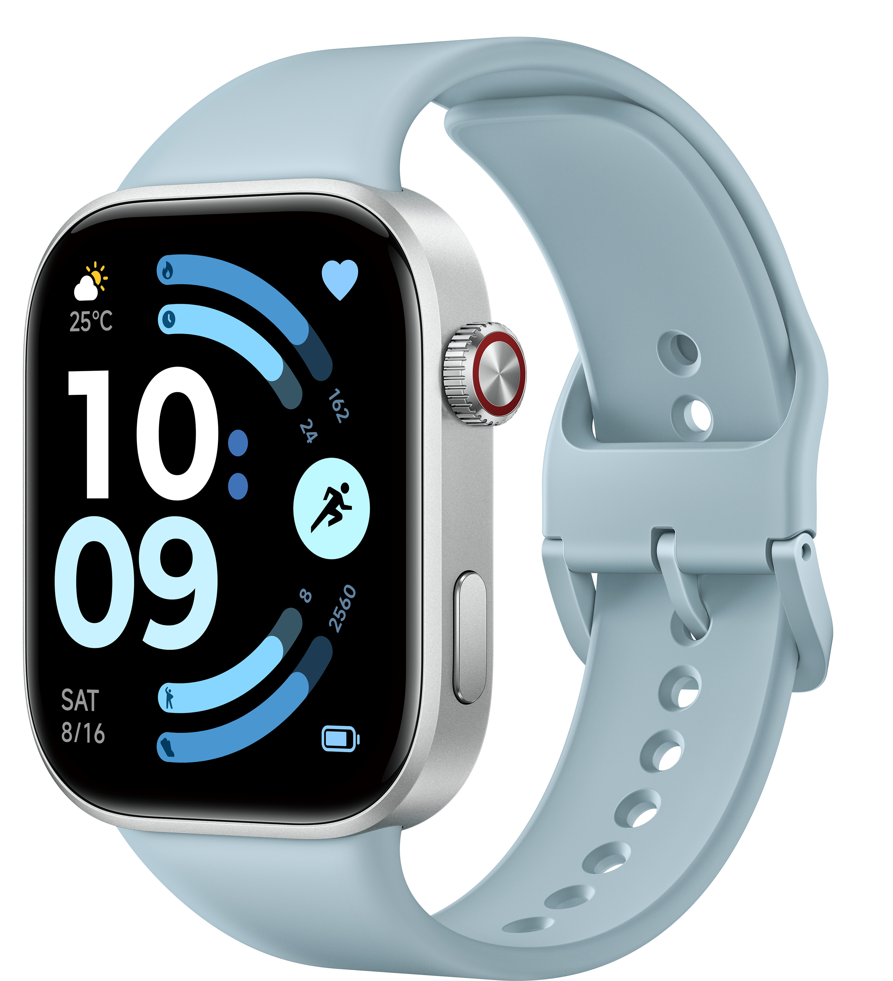 Jasnoniebieski smartwatch ze srebrną kopertą i szczegółowym cyfrowym wyświetlaczem.