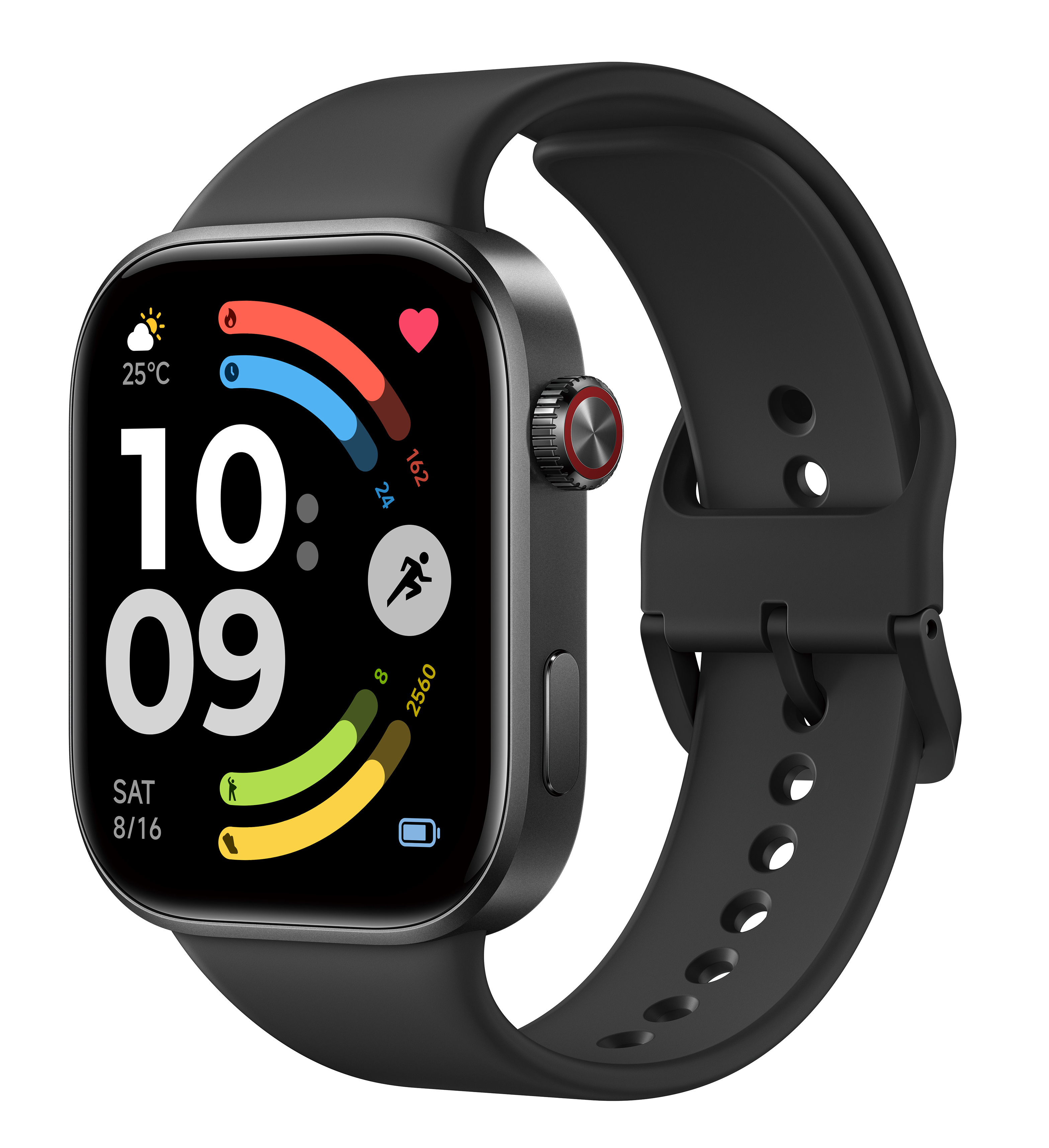 Czarny smartwatch z wyświetlaczem: 10:09, 25°C, tętno, bieganie, bateria.