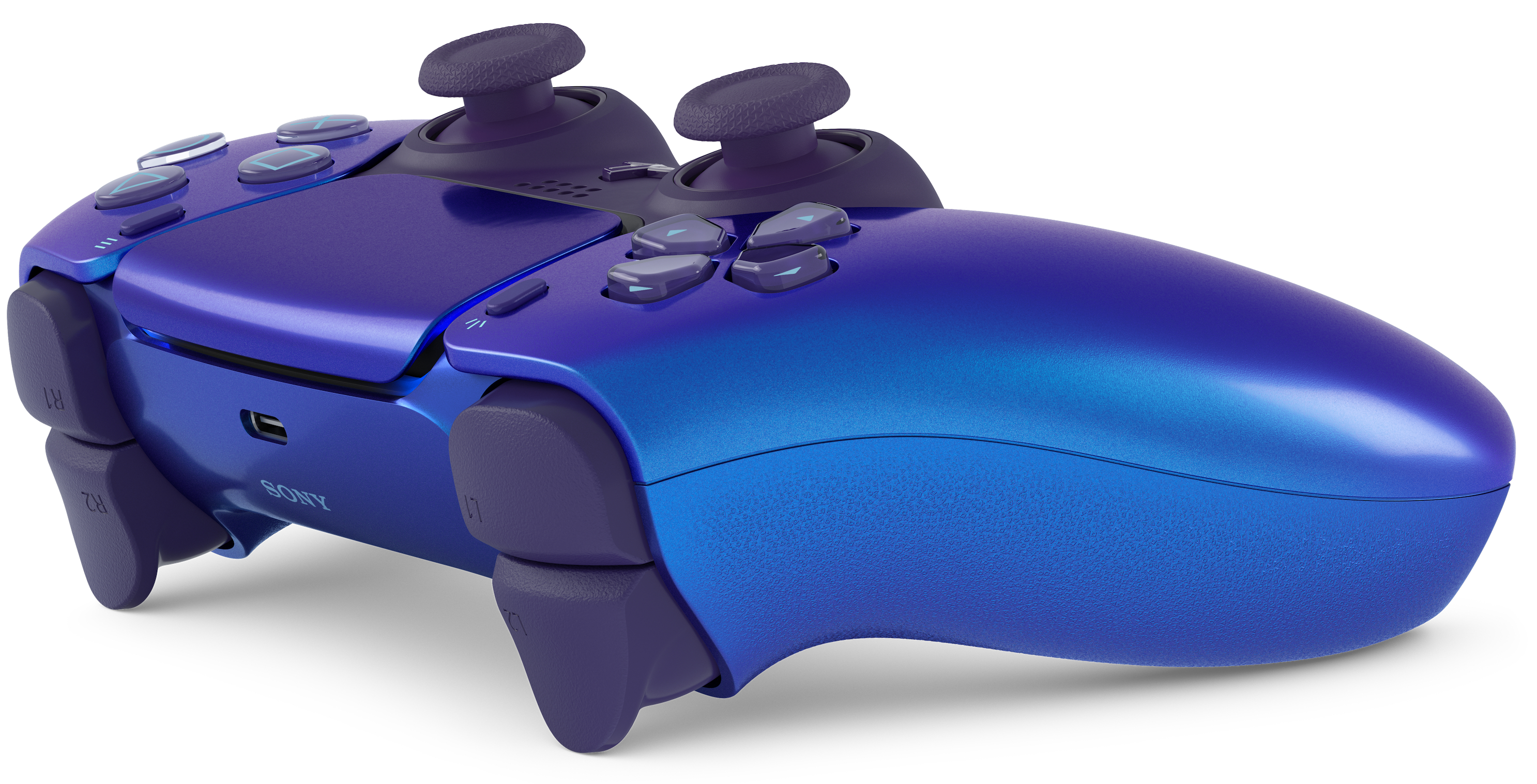 Ein violetter Gaming-Controller mit blauen Akzenten, auf weißem Hintergrund.