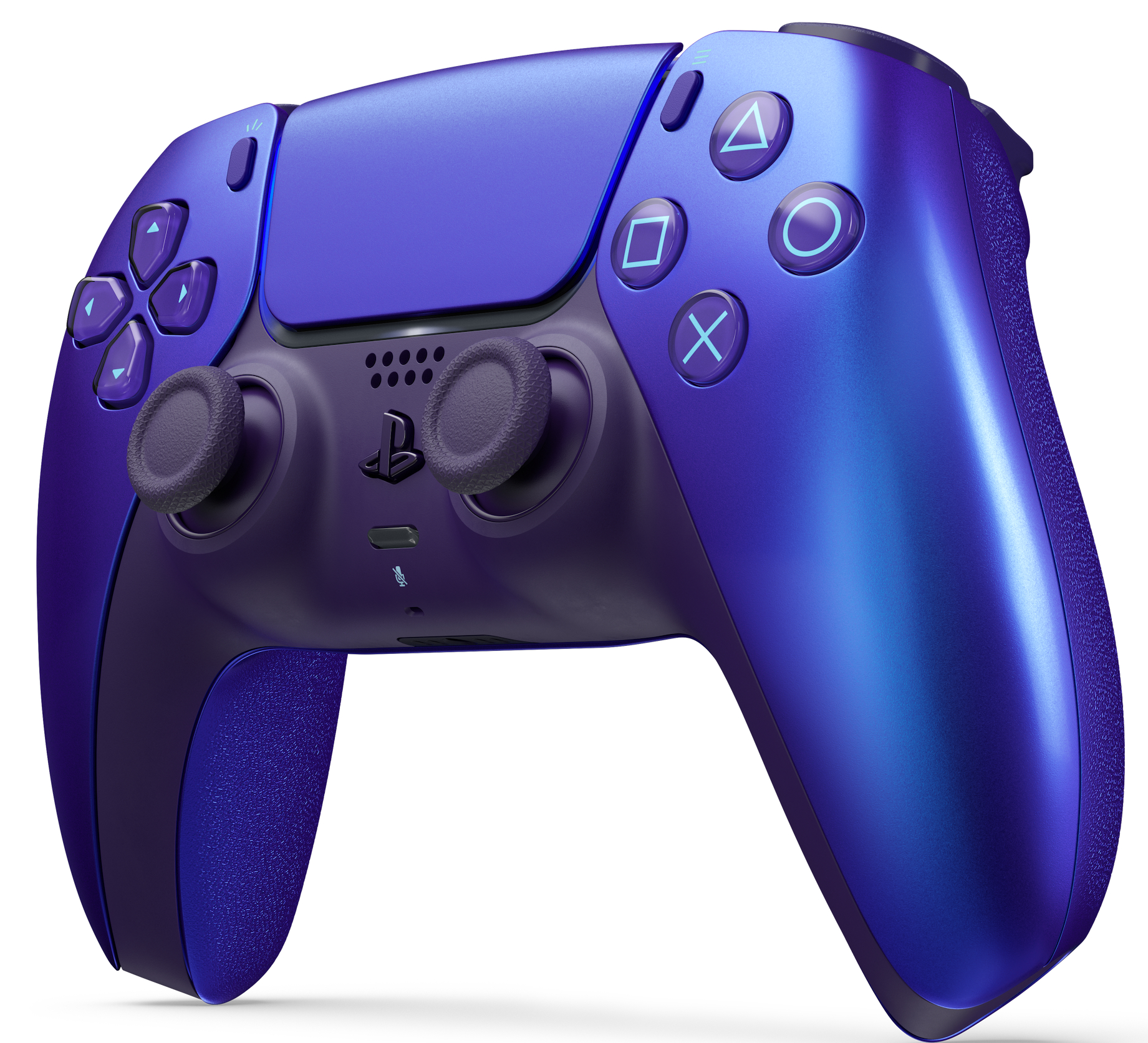 Ein violetter Gaming-Controller mit blauen Akzenten auf weißem Hintergrund.