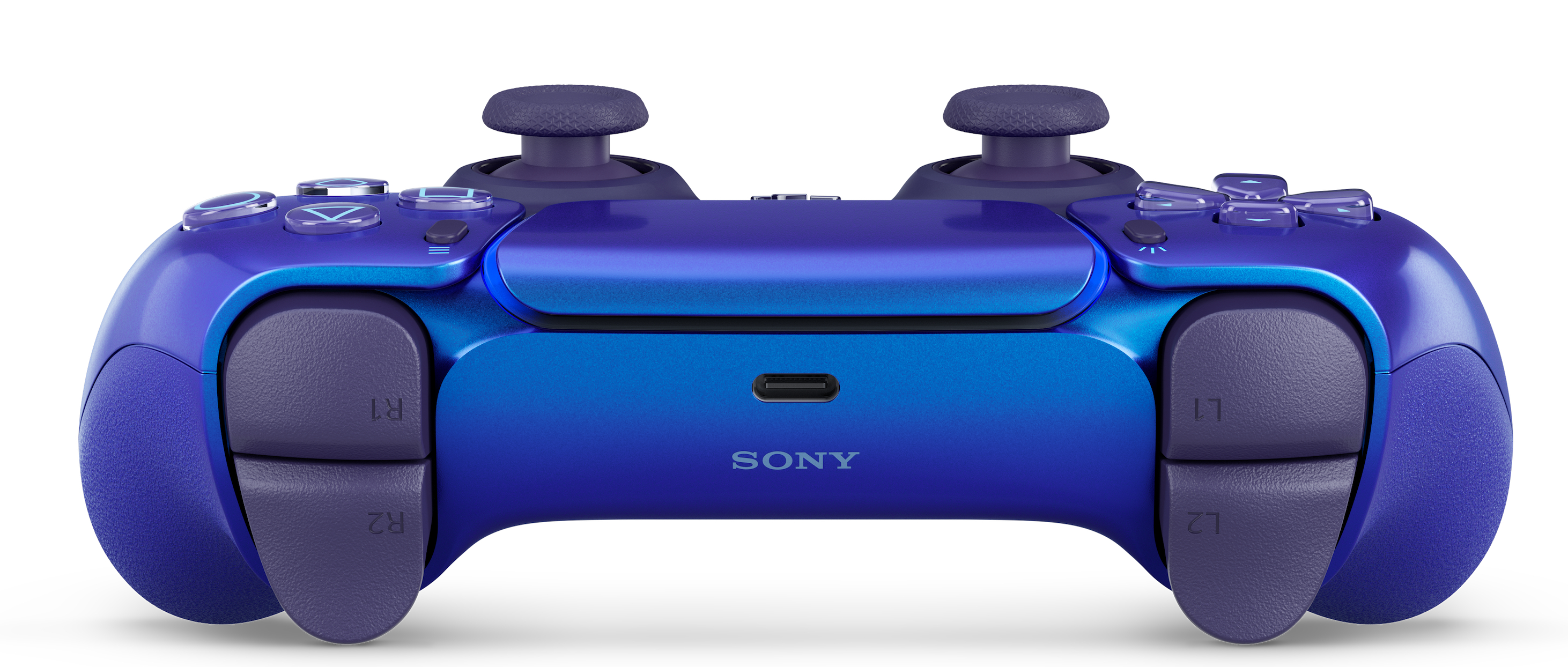 Eine blaue und lila Sony-Spielekonsole mit zwei Joysticks und Tasten.