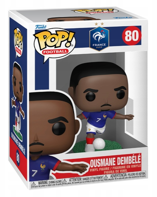 Figurka Funko Pop Ousmane Dembélé w koszulce Francji, drybluje piłkę.