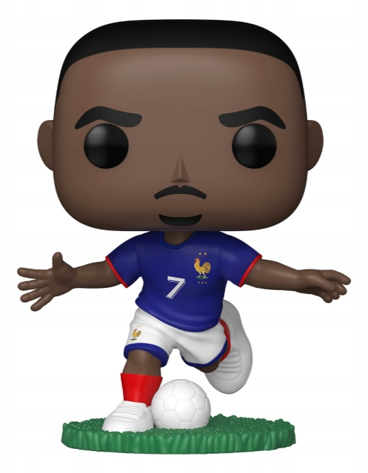 Funko Pop piłkarza w francuskim stroju kopiącego białą piłkę nożną.