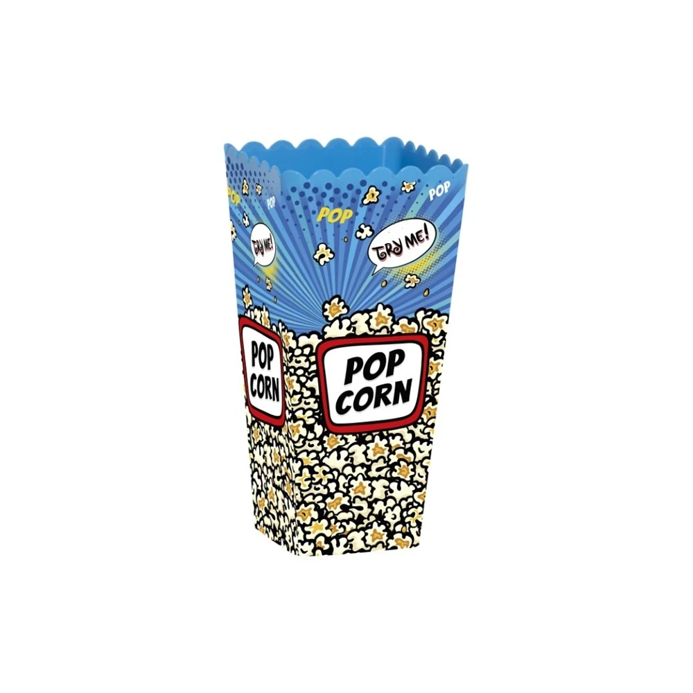 Kék popcornos doboz képregényes popcorn mintával, pattogatott kukoricával és szövegbuborékokkal.