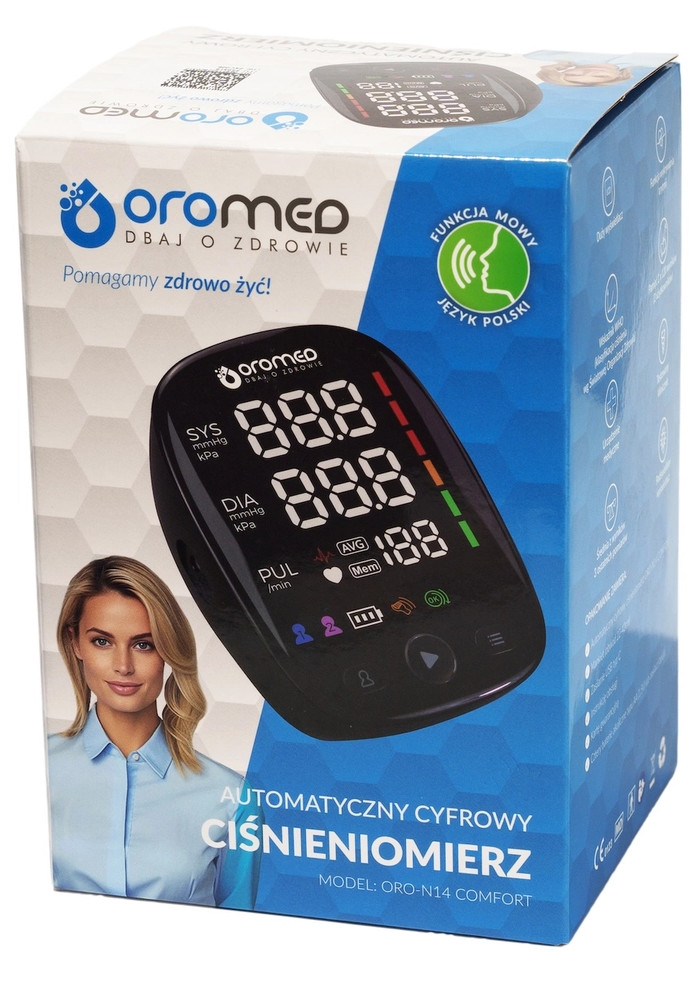Opakowanie ciśnieniomierza Oromed z kobietą i wyświetlaczem.