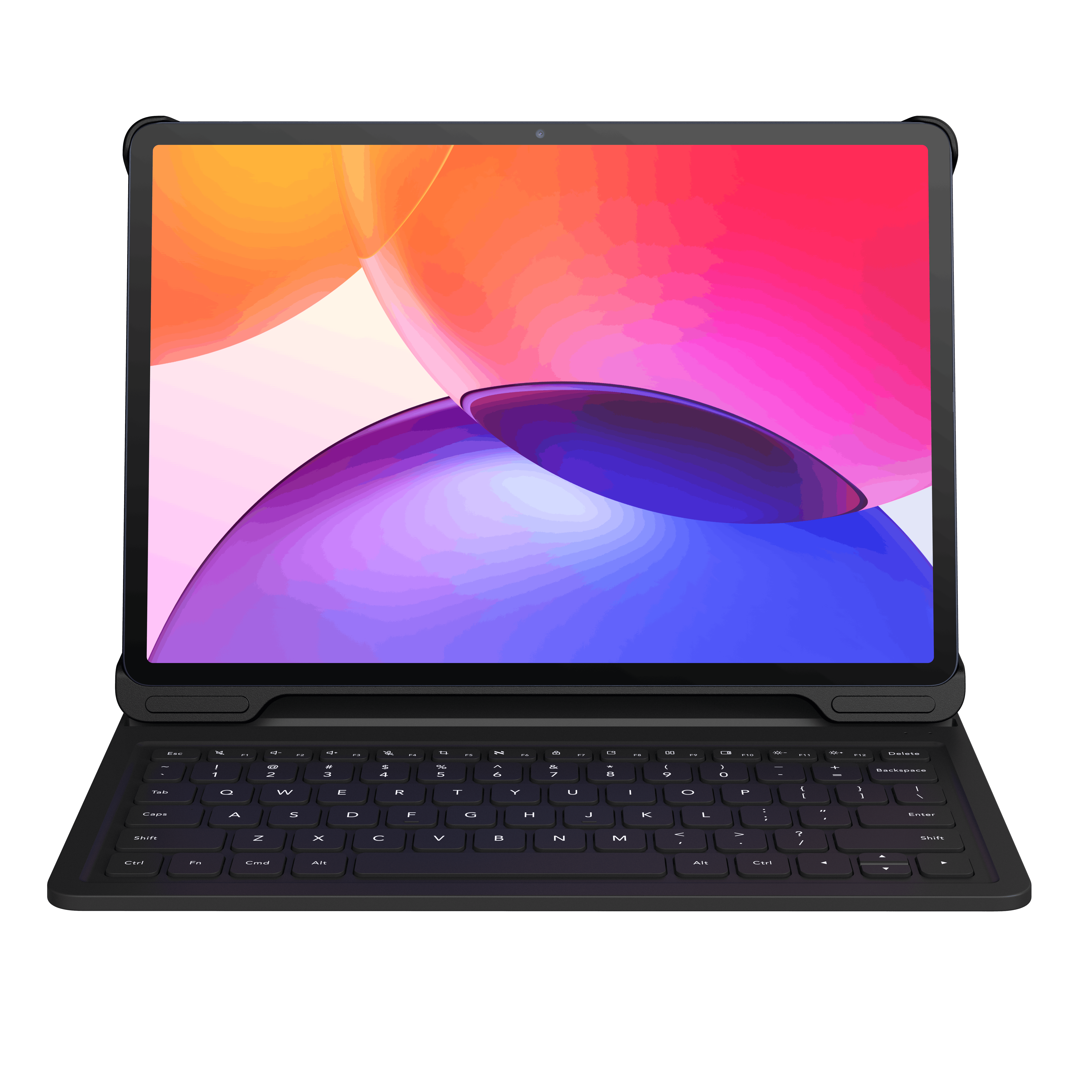Siyah arka plan üzerinde klavyeli bir tablet. Ekran soyut şekiller gösteriyor.