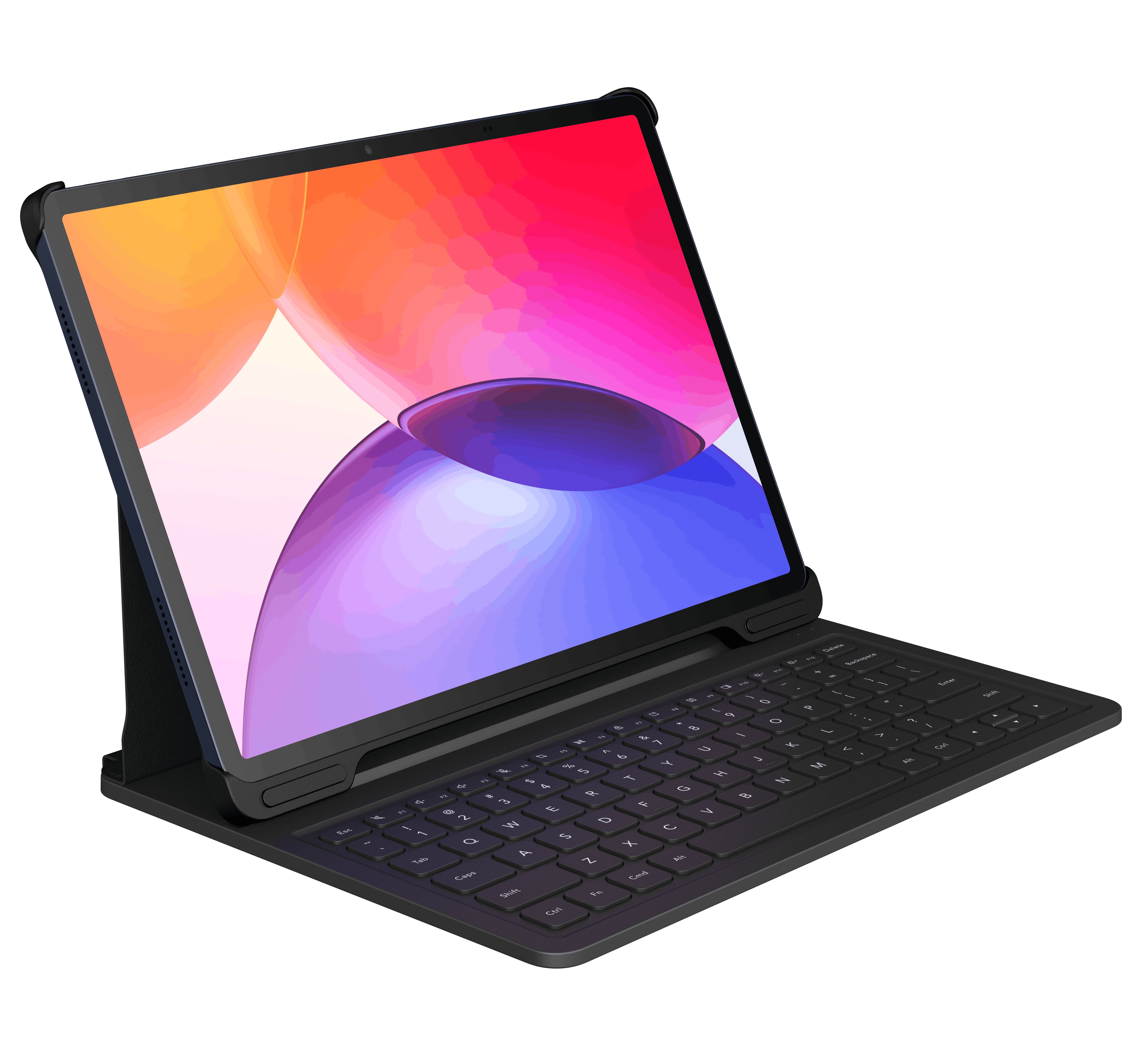 Siyah arka plan üzerinde klavyeli bir tablet. Ekran soyut bir desen gösteriyor.