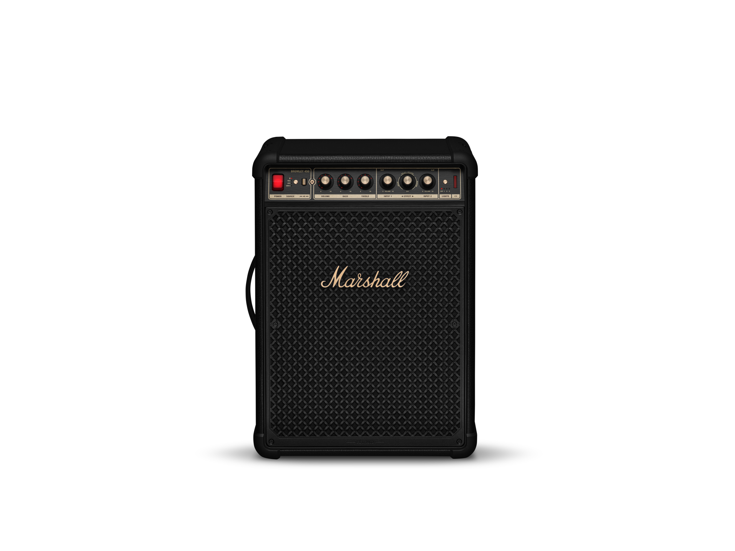 Altın rengi logolu ve düğmeli siyah Marshall gitar amfisi.