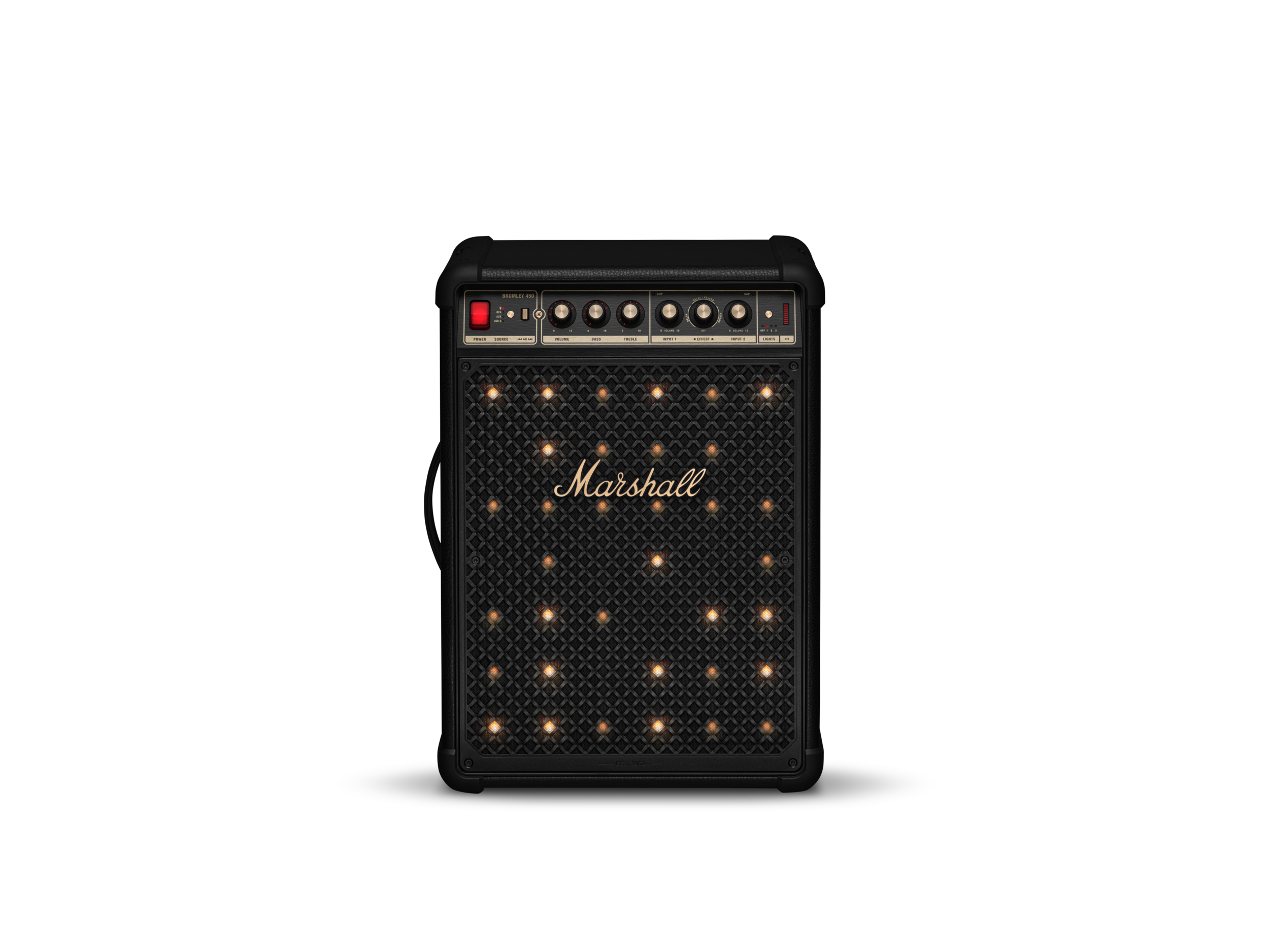 Siyah ızgaralı ve ışıklı bir Marshall gitar amfisi.