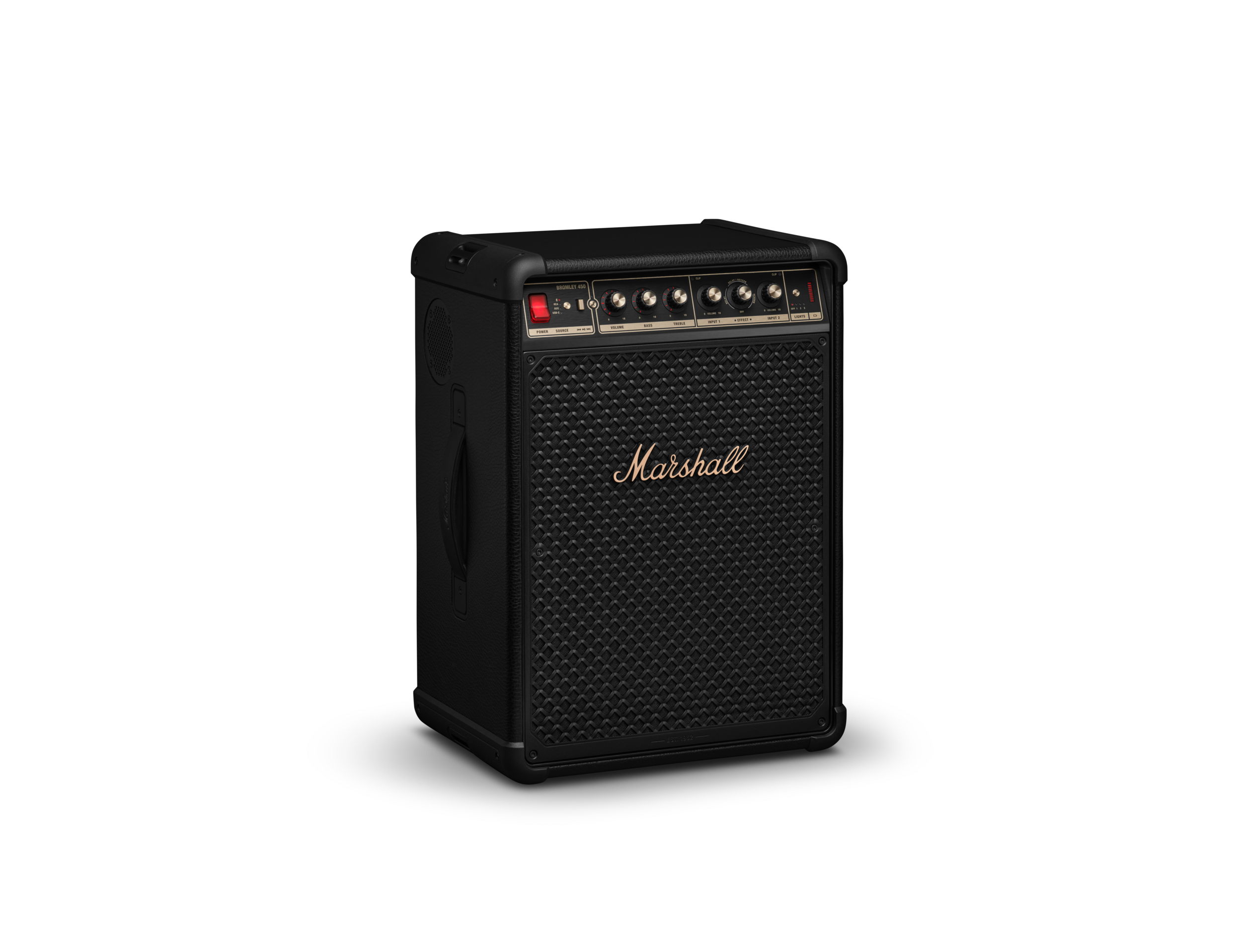 Altın rengi logolu ve düğmeli siyah Marshall gitar amfisi.