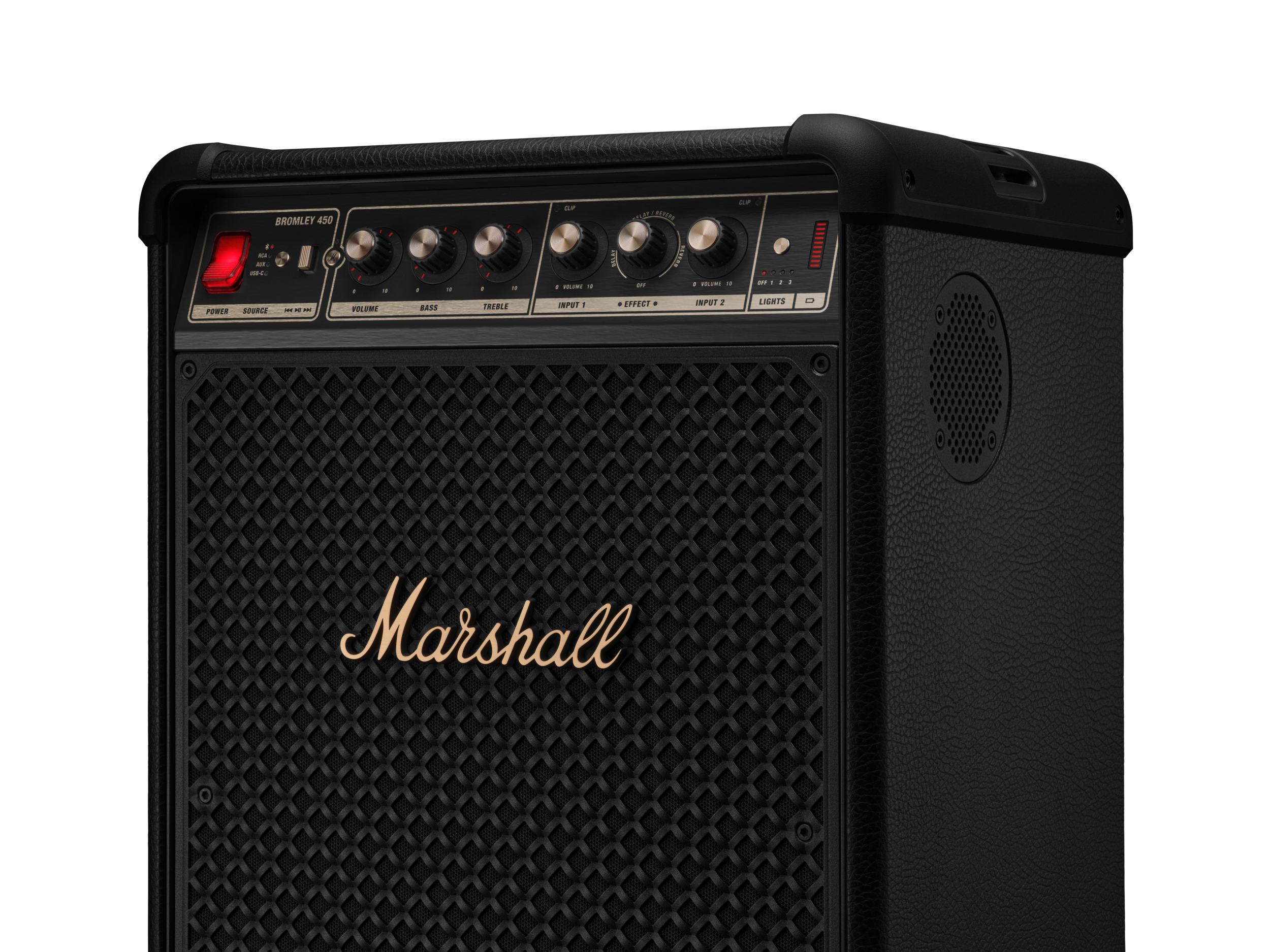 Altın logolu ve gümüş düğmeli siyah Marshall gitar amfisi.