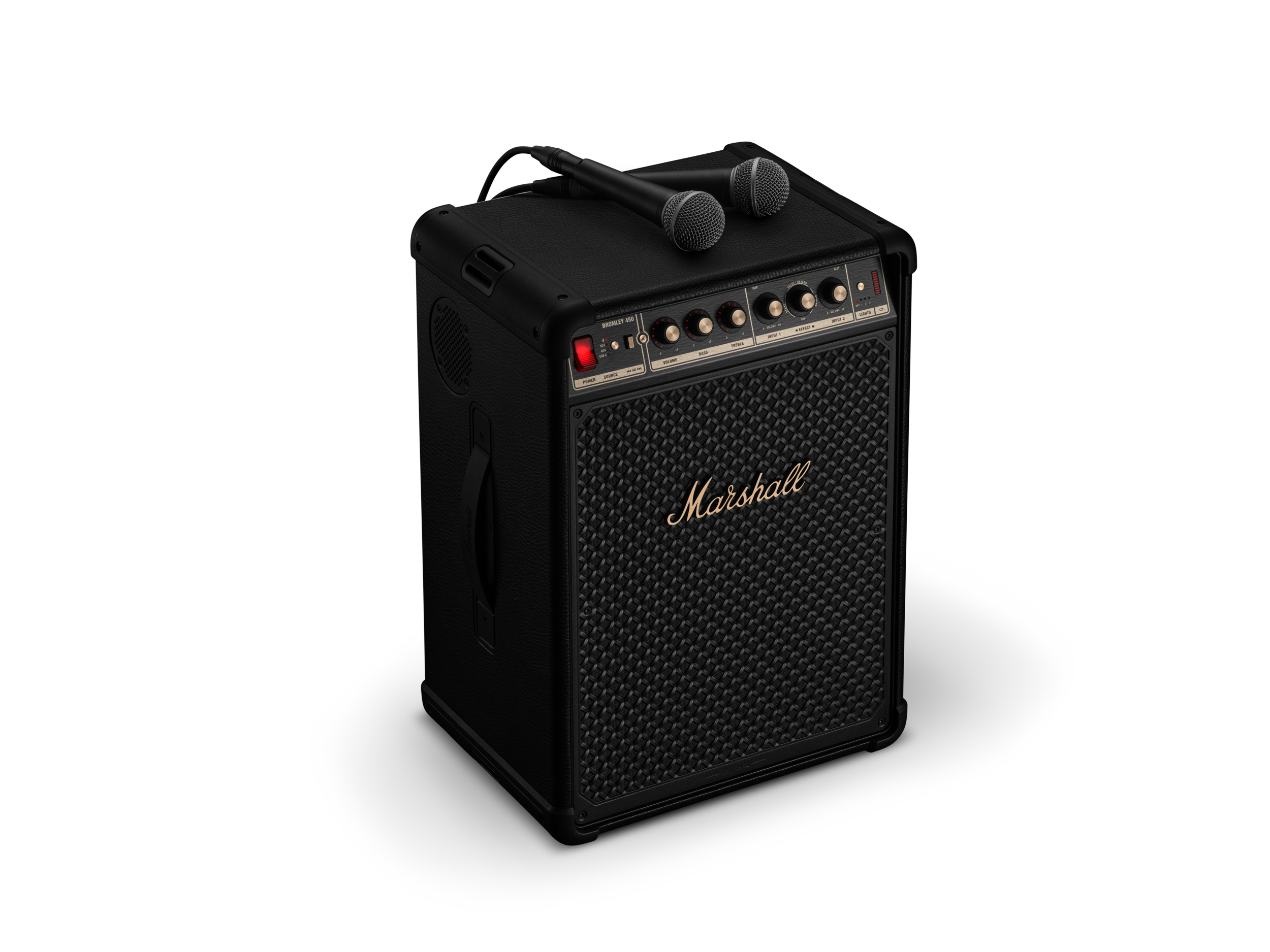 İki mikrofonlu ve kontrol düğmeli siyah Marshall amfi.