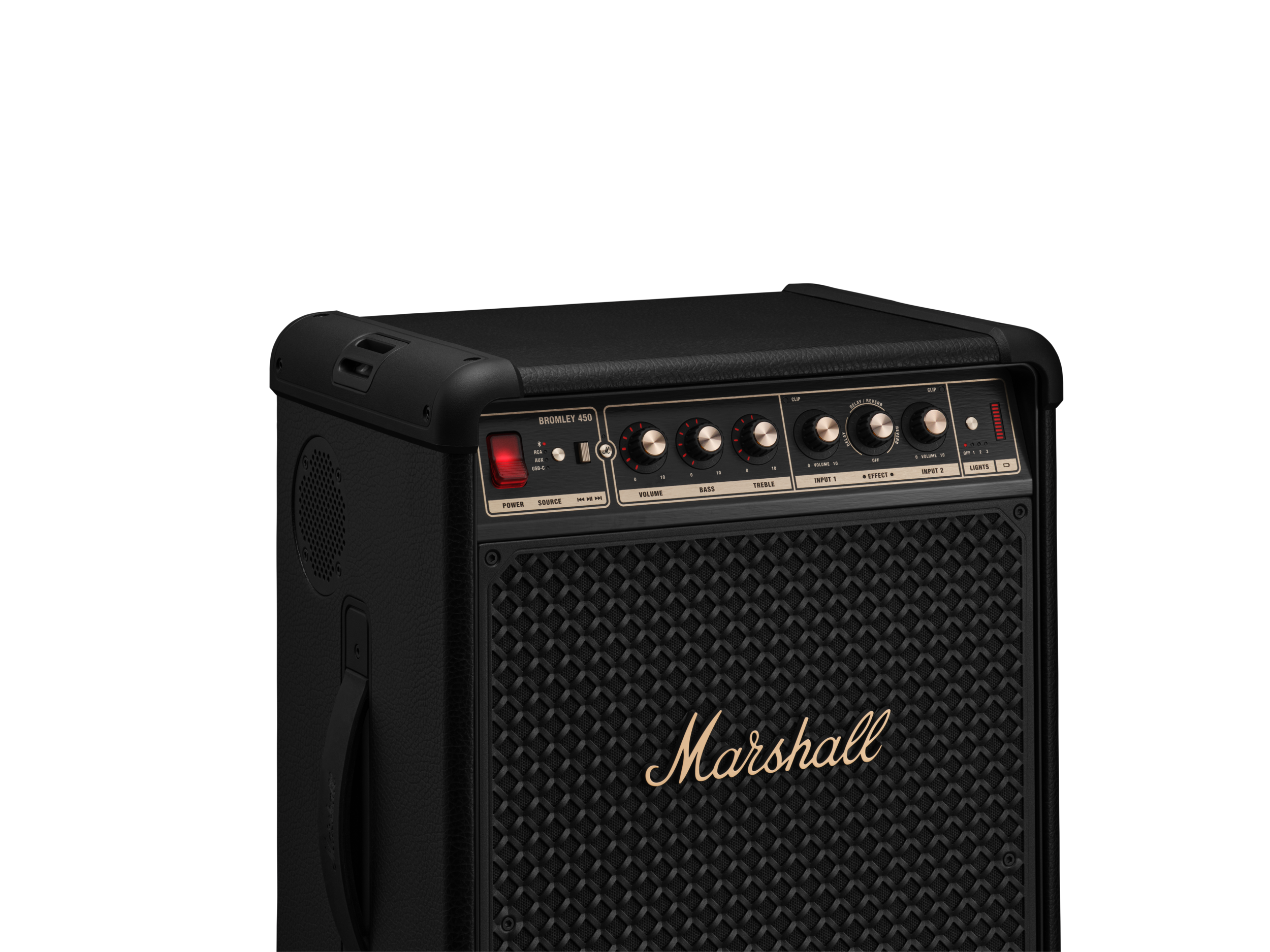 Altın düğmeli ve Marshall logolu siyah bir Marshall BROMLEY 450 gitar amfisi.