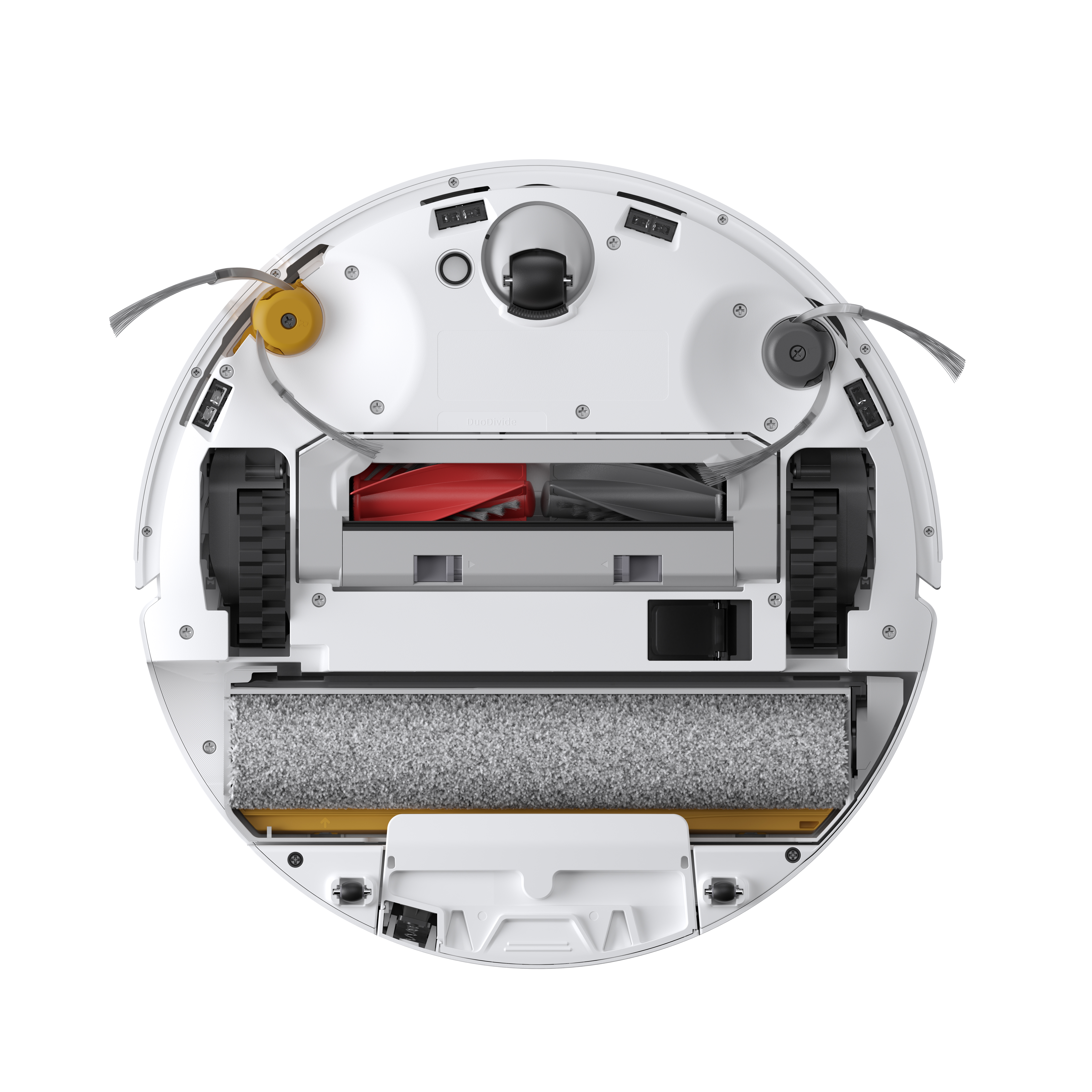 Fırçalar, tekerlekler ve sensörlere sahip beyaz bir robot süpürgenin altı.