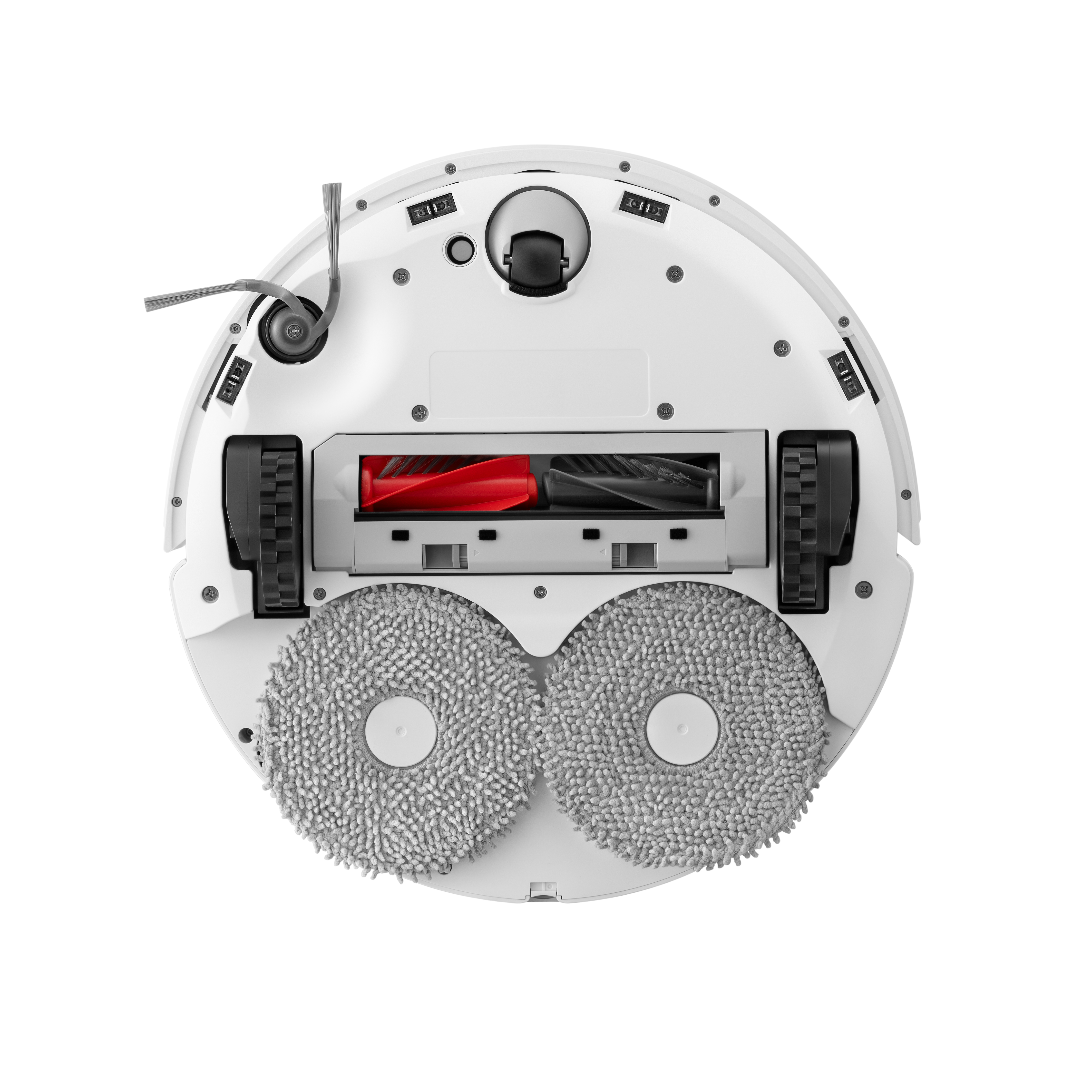 Dönen fırçaları ve paspas pedleri olan beyaz bir robot süpürgenin alt tarafı.