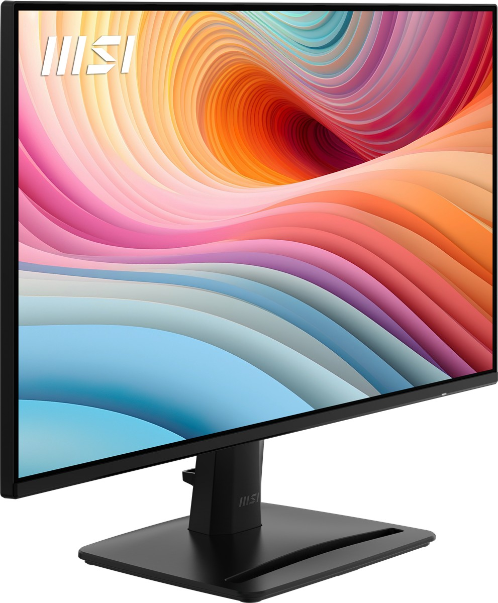 Renkli soyut arka plana sahip siyah MSI monitör.