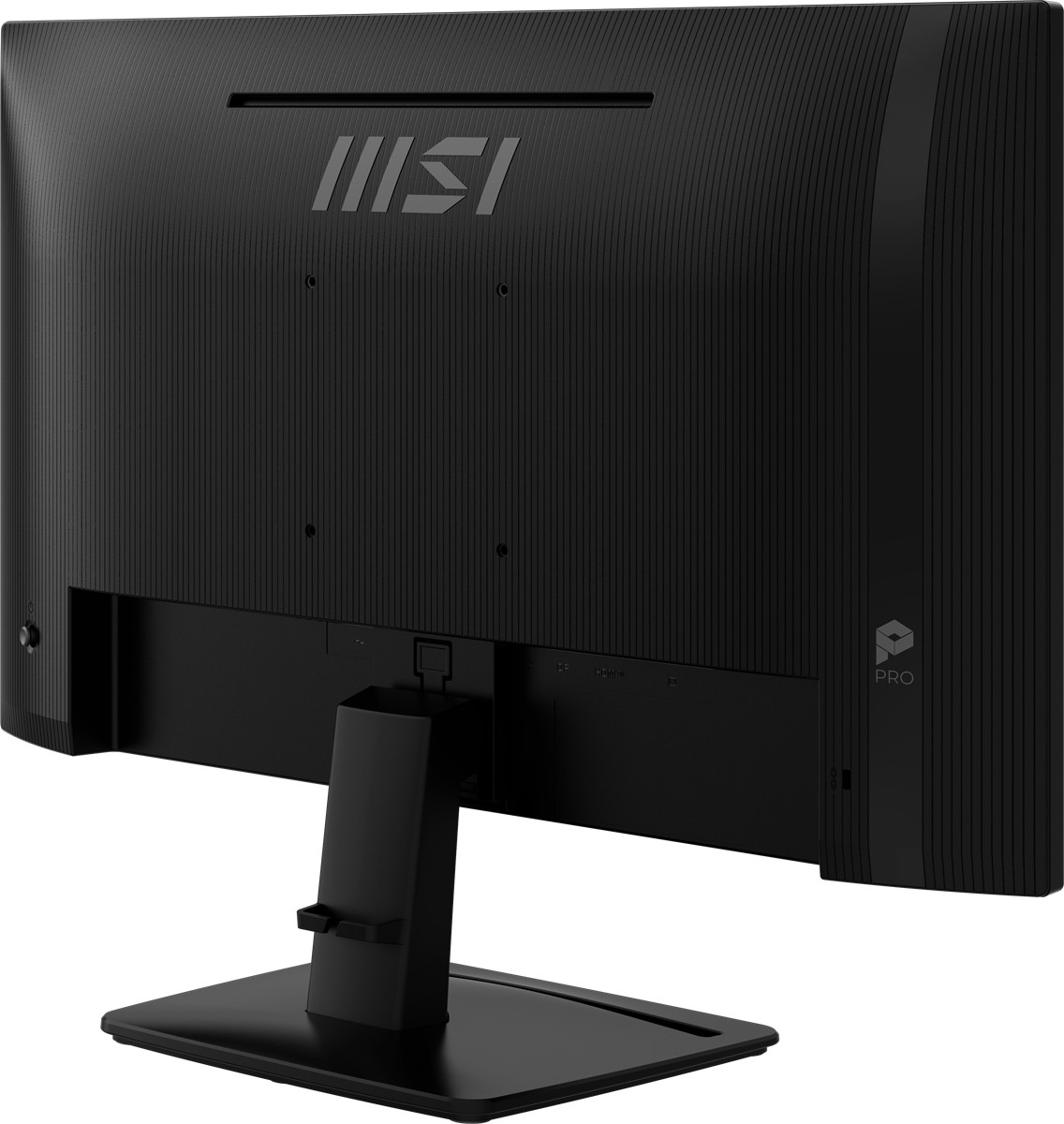 Oluklu kasaya ve bağlantı noktalarına sahip siyah MSI monitörün arka görünümü.