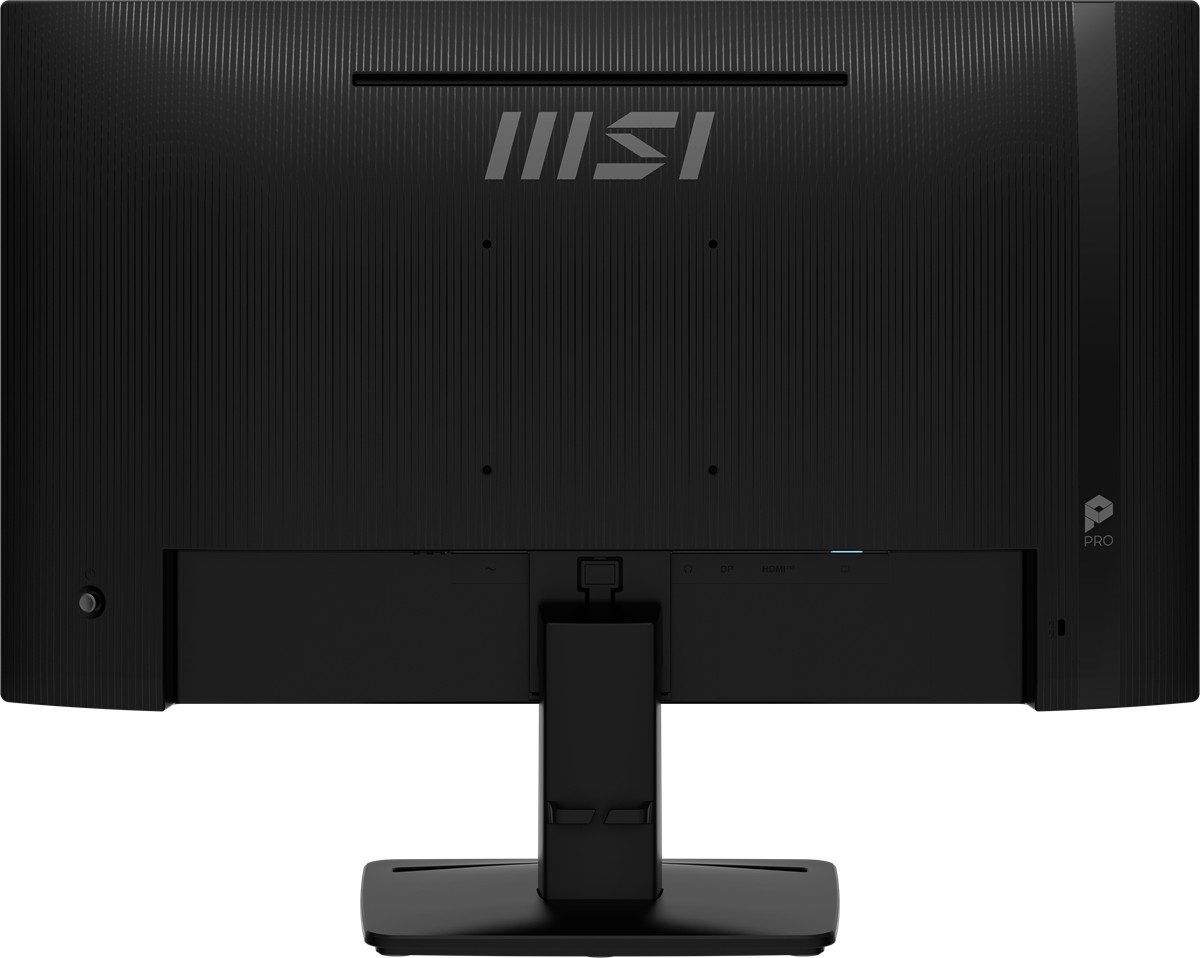 Oluklu kasalı ve bağlantı noktalarına sahip siyah MSI monitörün arkası.