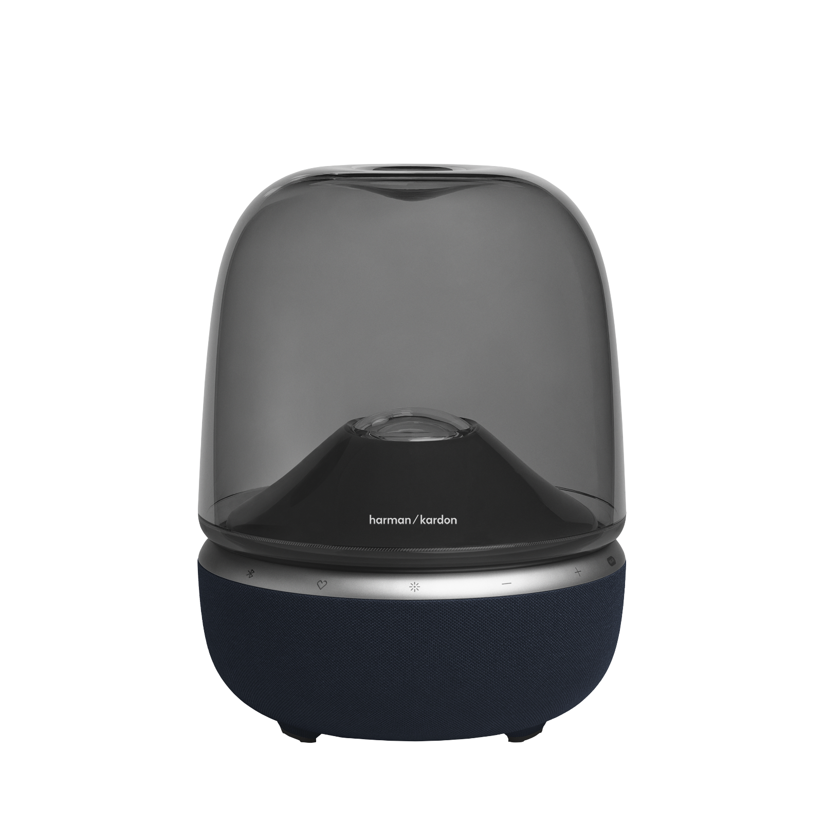 Mavi kumaş tabanlı, Harman Kardon logolu oval, şeffaf hoparlör.