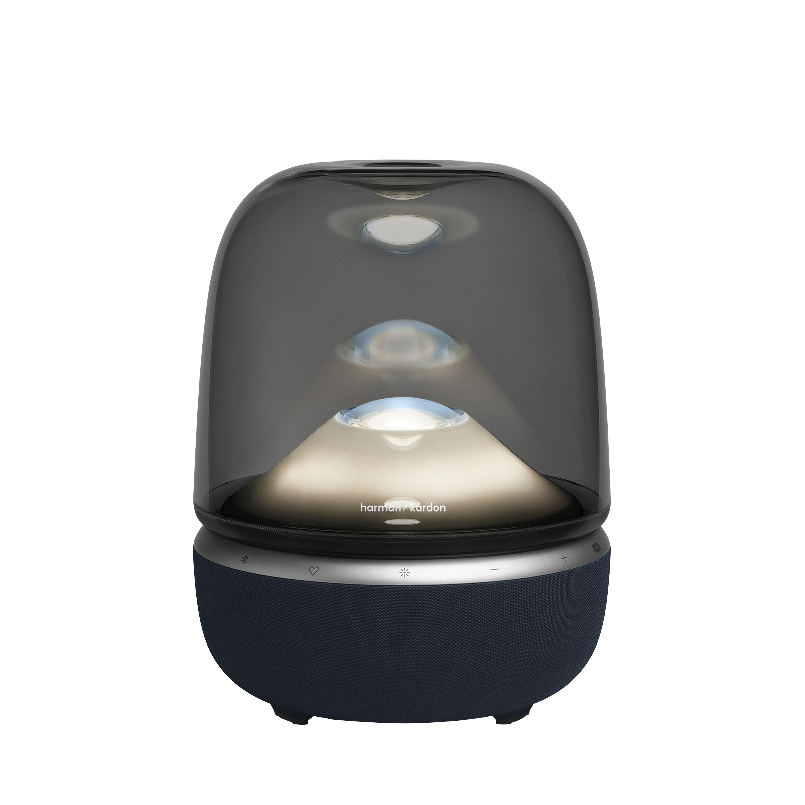 Cam fanus altında mavi kumaş tabanlı, aydınlatmalı Harman Kardon hoparlör.
