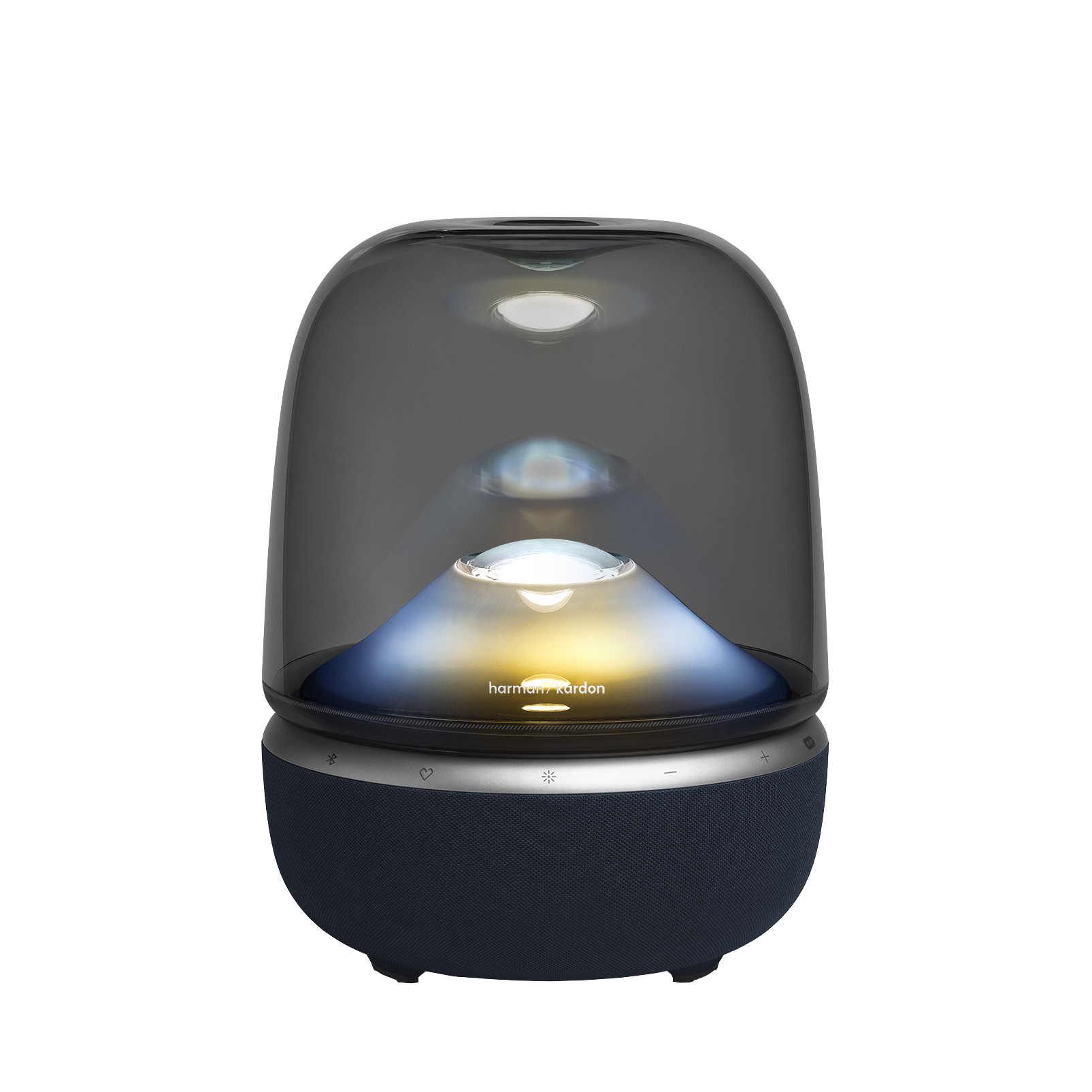 Siyah arka plan üzerinde cam kubbeli, mavi-sarı ışıklı Harman Kardon hoparlör.