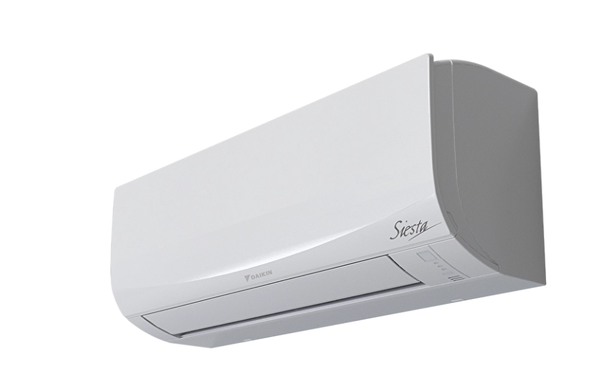 Daikin yazılı ve "Siesta" logolu beyaz duvara monte klima.