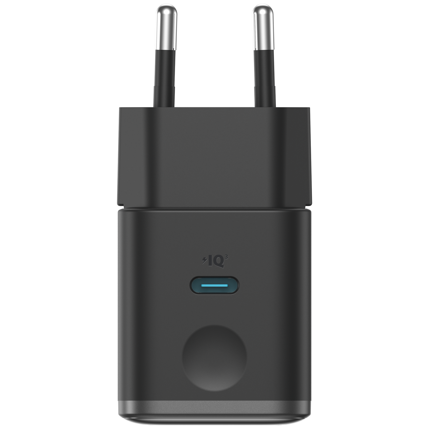 A black USB-C power adapter with two silver prongs and a blue LED indicator.