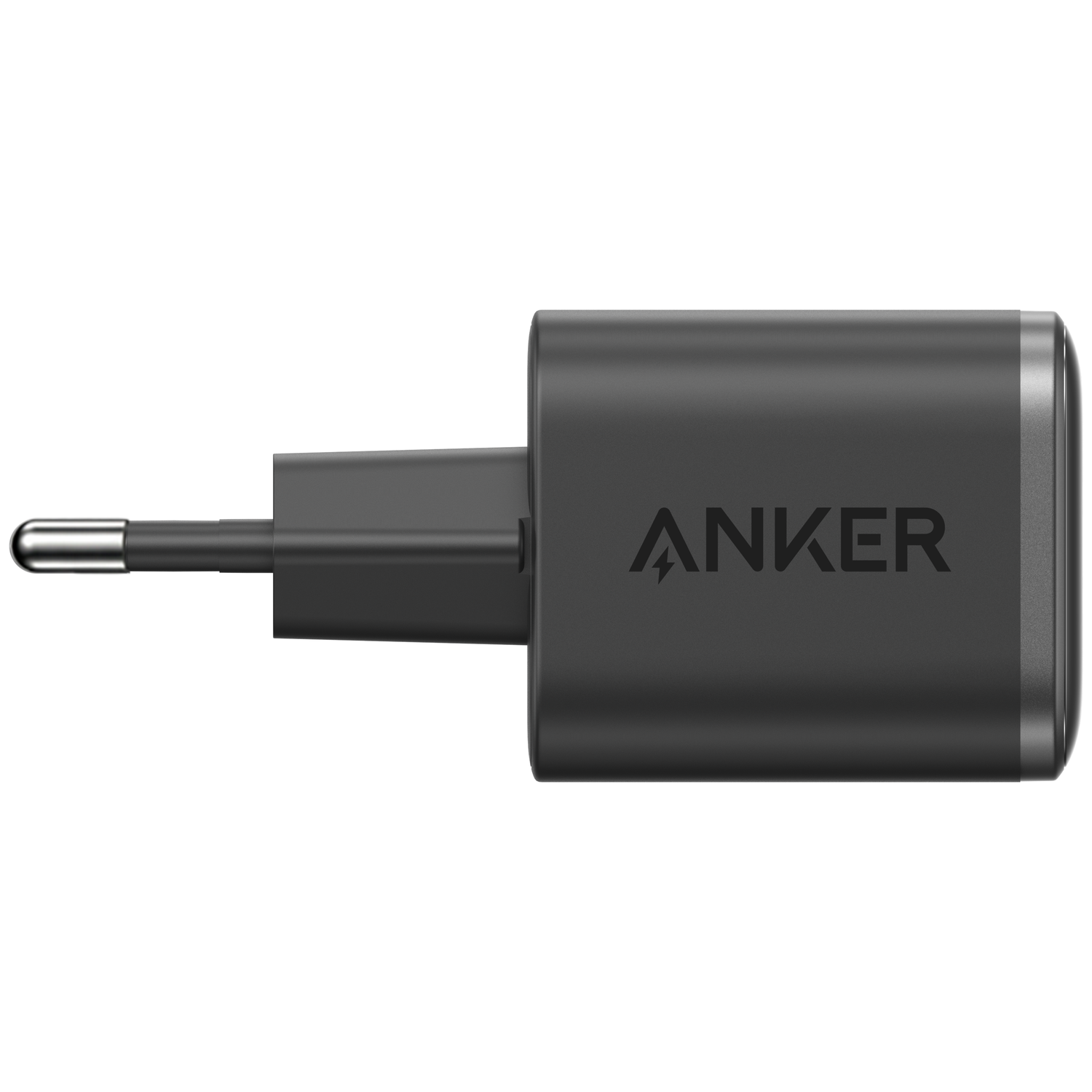 A black Anker charger with a plug on a white background.